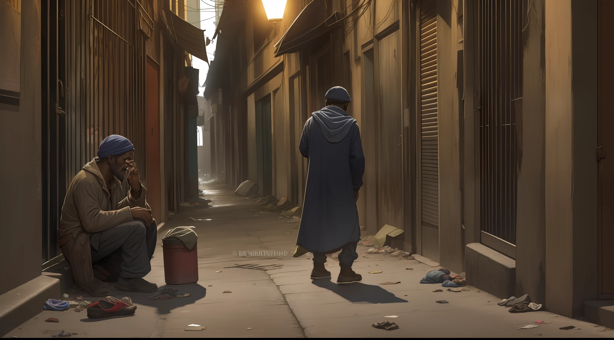 ((beggar POV)), low light, narrow alleyways, worn out clothes, grimy streets, abandoned buildings, flickering streetlights, a sense of desperation, hard life, garbage heaps, rats scurrying around, shadowy figures, hunger pangs, cold wind blowing, a faint glimmer of hope, a hand reaching out for help.