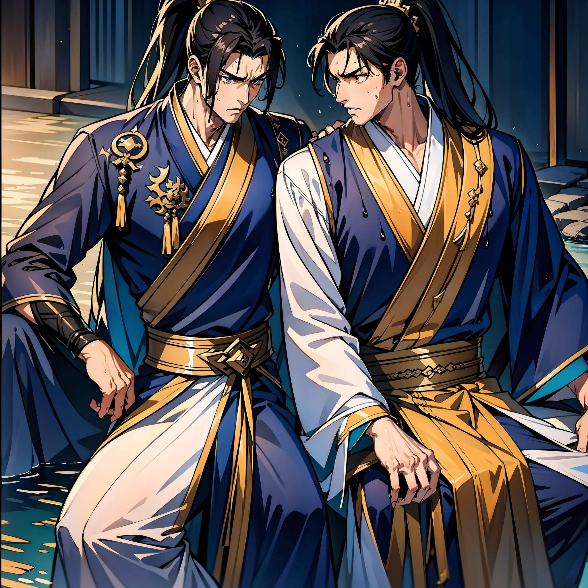 Two-dimensional, anime style, men, muscles, correct proportions, face details, young men, martial arts, high ponytail hairstyle, sweating, sweaty face, drooling, neck details, with Adam's apple, wet, wet, Hanfu costume, long robe, embroidered robe, dragon robe, clothing details, collar, long sleeves, male warrior, game quality, swordsman demeanor, light and shadow tracing, ray tracing, detail glow, CG rendering, hair details, long black hair, golden eyes, sweaty face, man, handsome, handsome, sweat beads slipping down the neck, teenager, Clothing complex, wet, wet, perfect composition, refinement, high quality, more details, a lot of details, complex background, atmosphere,