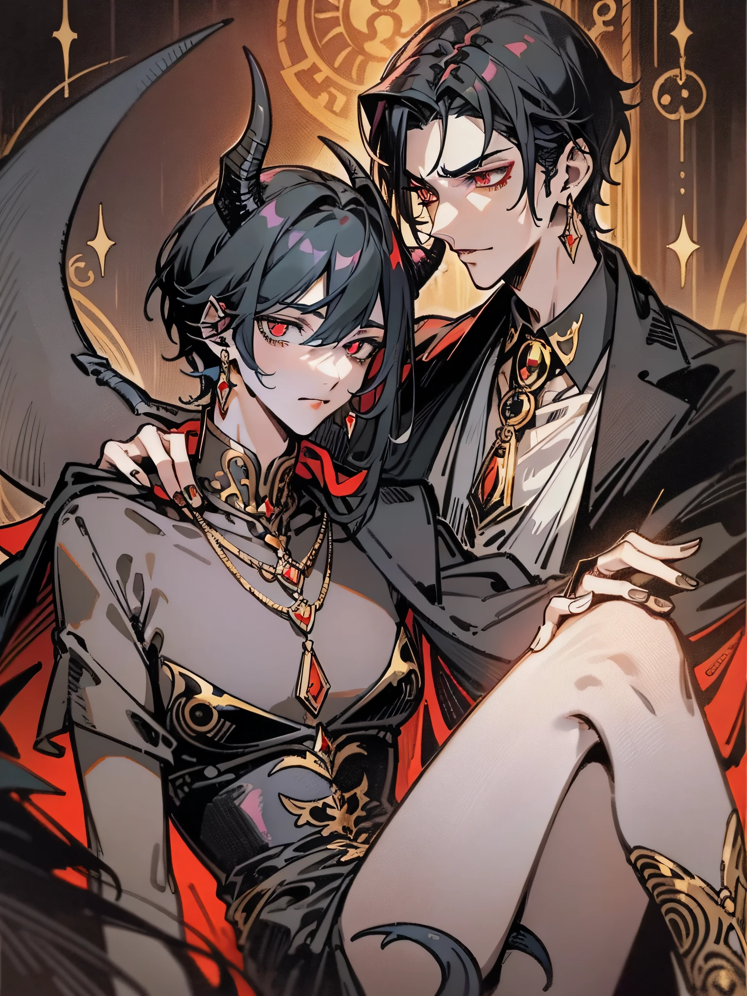 Tarot cards, two male protagonists, on the left is a handsome vampire lord with black hair! Delicate facial features, tall and slender body, bookish, very aggressive, very elegant and elegant!! On the right is a hermaphroditic male succubus, male male!! Demon horns, peach heart tail, short black hair, caramel pupils, delicate eyes, slender figure, pure and colorful, beautiful as a fairy, very charming, wearing a black cape, wearing large pendant earrings, white, long and thin legs