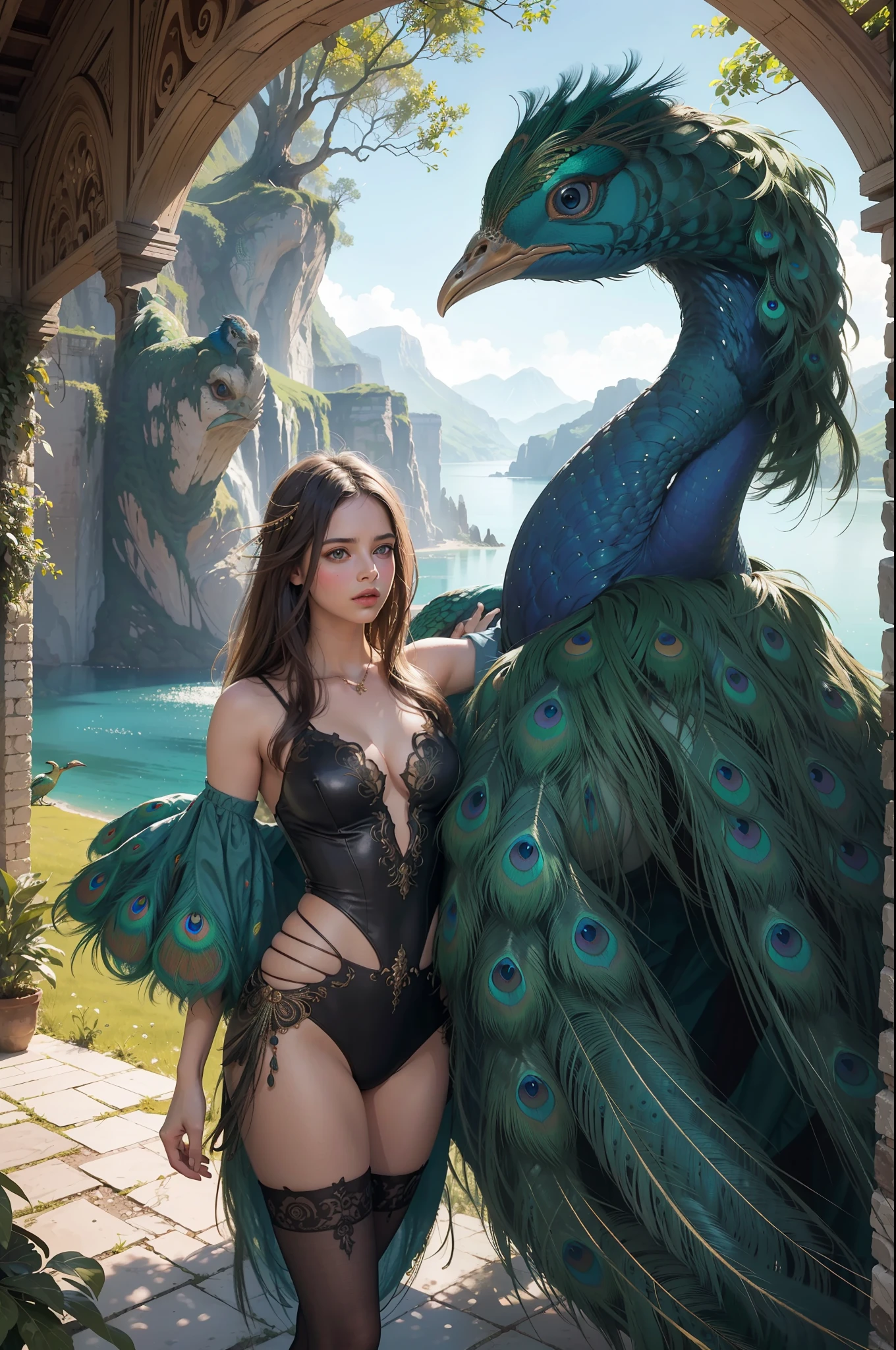 fantastic realism, masterpiece, super detailed, 1 beautiful girl, hugging a giant peacock, plain, background lake, detailed background, (top quality, Alessandro Casa Grande, Greg Rutkowski, Sally Mann, concept art, 4k),
