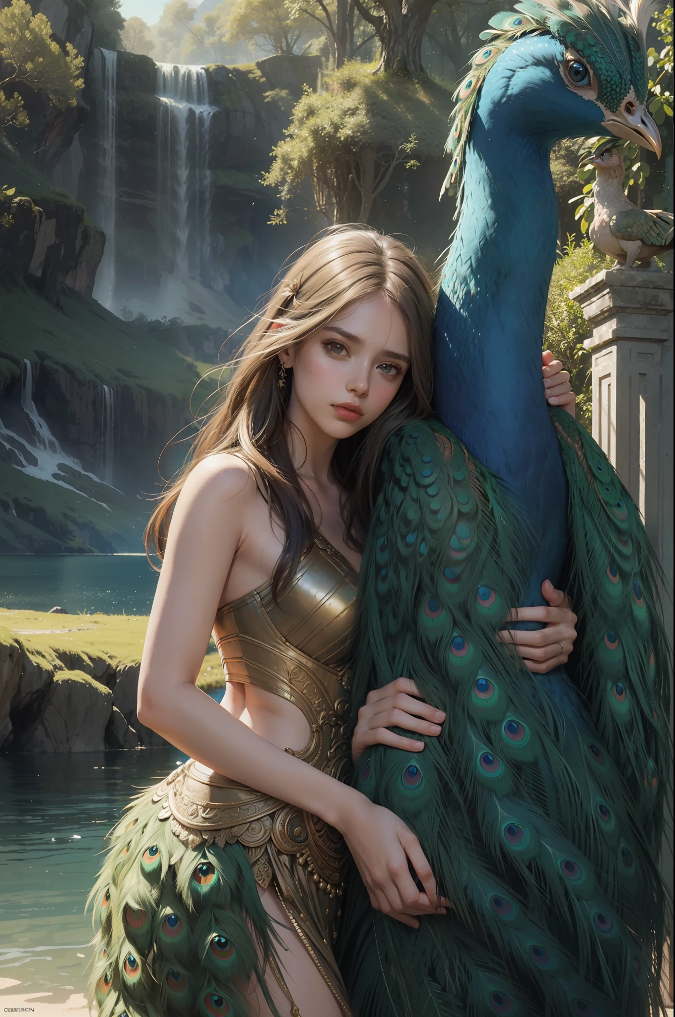 fantastic realism, masterpiece, super detailed, 1 beautiful girl, hugging a giant peacock, plain, background lake, detailed background, (top quality, Alessandro Casa Grande, Greg Rutkowski, Sally Mann, concept art, 4k),