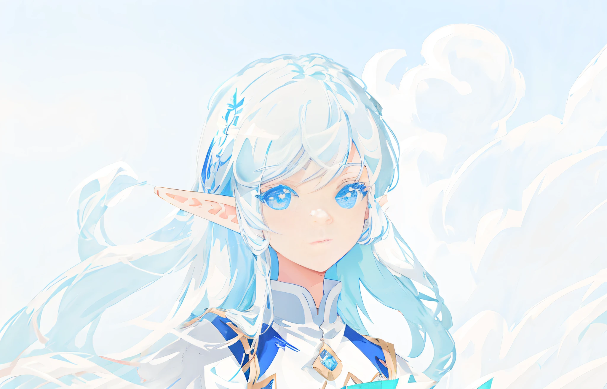 anime girl with blue eyes and white hair with a white background, elf girl, flat anime style shading, blue elf, made with anime painter studio, anime stylized, portrait of an elf, lalafell, painted in anime painter studio, portrait of very beautiful elf, a portrait of an elf, stylized anime, in an anime style, an elf
