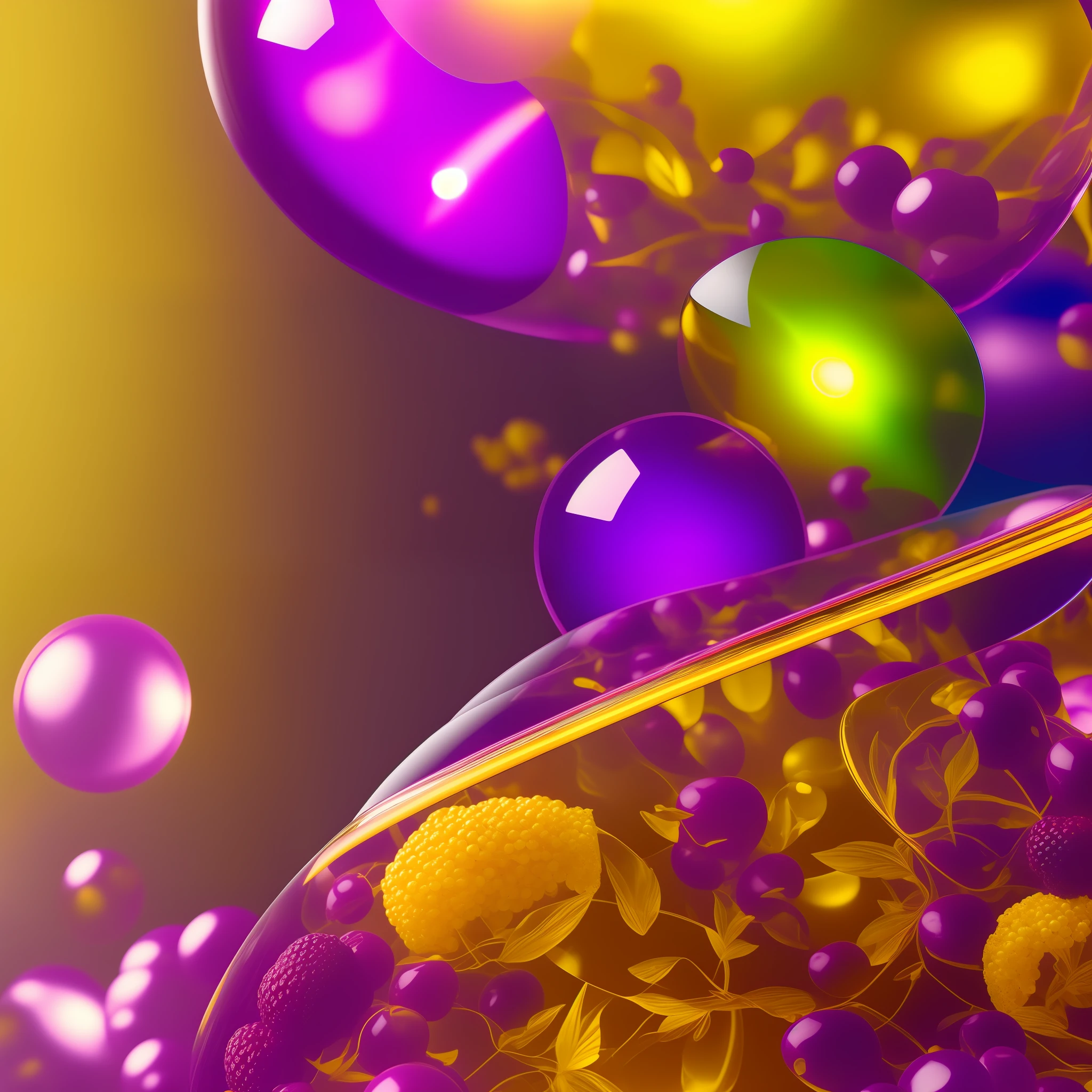 Computer Surround Graphics, Realistic Fantasy, Extensive Landscape Ultrasound Photography (general view showing glass glass, cherry, berry,), blurred background, warm, light yellow, purple background, magic --auto --s2