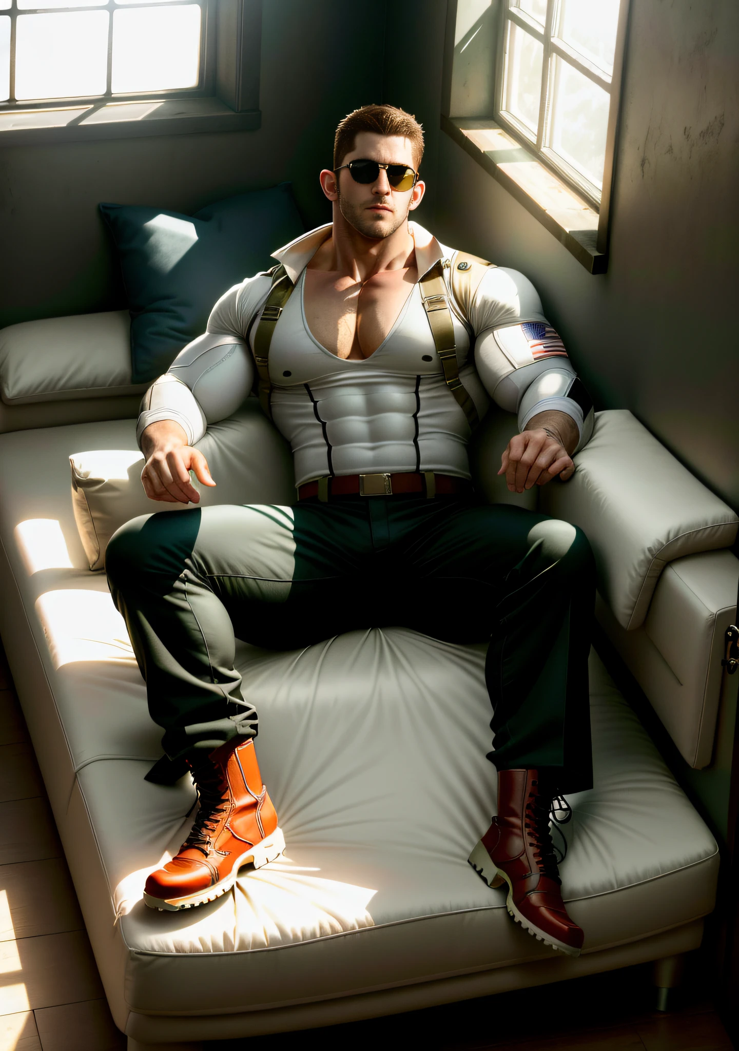 Movie poster, character design (Resident Evil - Chris Redfield, Chris Redfield) wearing a creamy white tactical suit, lying down on a soft sofa with a sad expression, muscular male hero, heroic male pose, tall and burly, muscular! Wearing sunglasses, sexy charming muscular leg muscles, tall and burly, creamy white tactical suit, super buff and cool, high resolution committee, cream white combat boots, attractive strong men, blazing sunlight shining through the window