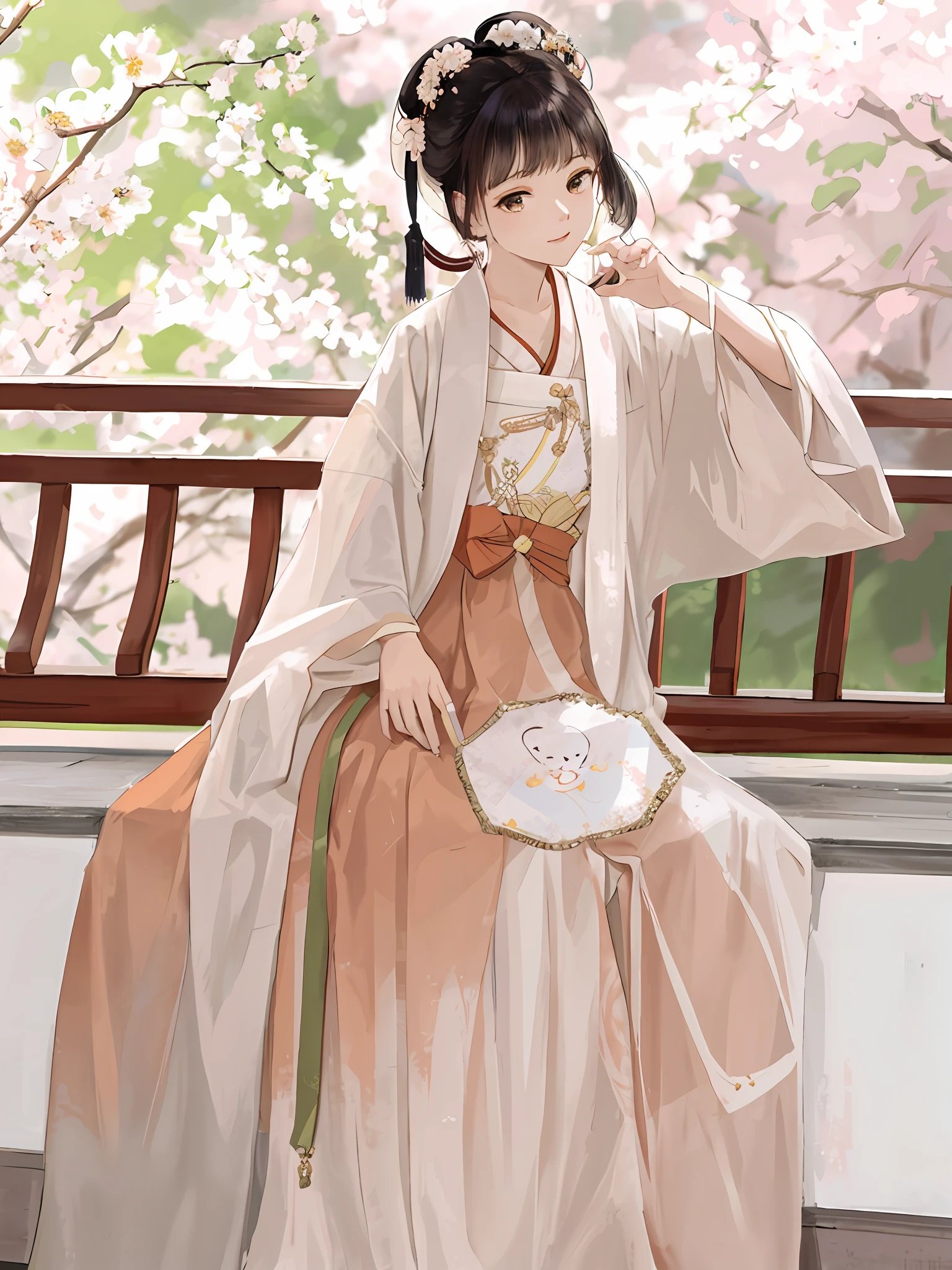 araffe woman in a long dress sitting on a bench, white hanfu, hanfu, pale and coloured kimono, palace , a girl in hanfu, wearing ancient chinese clothes, traditional chinese clothing, flowing magical robe, with acient chinese clothes, flowing sakura-colored silk, dressed with long fluent clothes, long beautiful flowing kimono