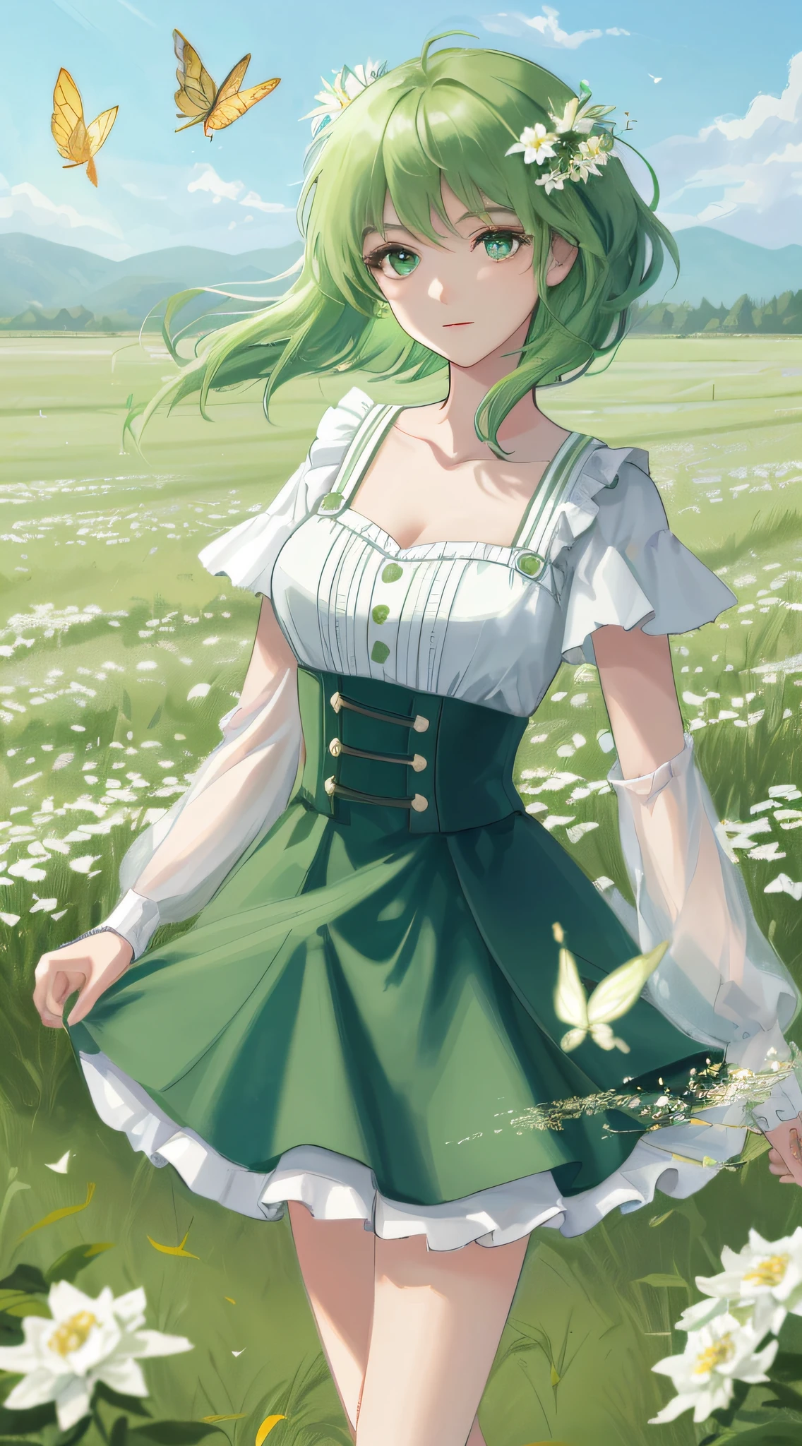 High Detail, Ultra Detail, Ultra High Resolution Short green hair girl enjoying her time in open field, surrounded by the beauty of nature, warm sun sprinkling on her, white flowers gently swaying in the breeze. Butterflies and birds flutter around her, adding to the playful atmosphere , --v6