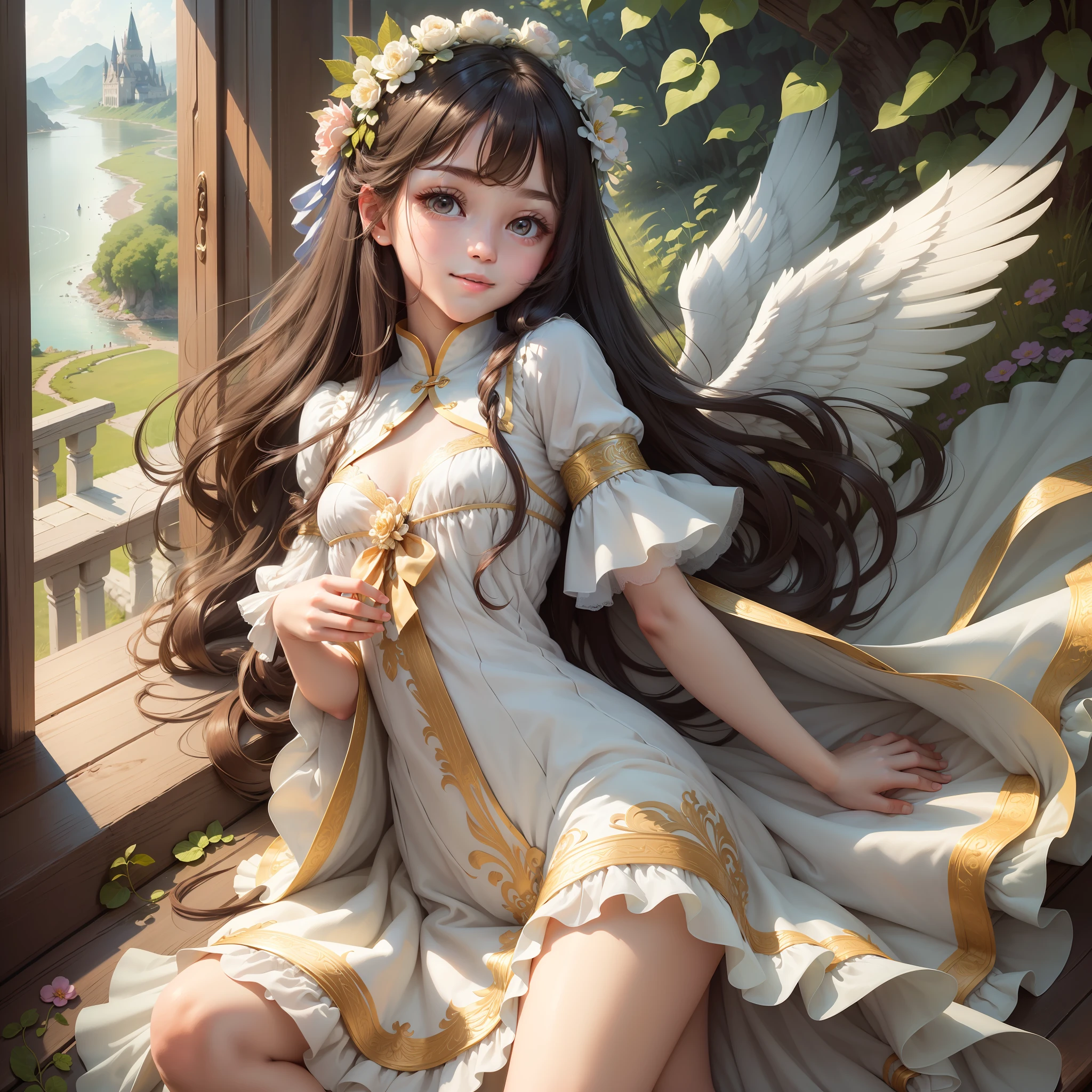 Anime girl with long hair and angel wings sitting on a bench - SeaArt AI