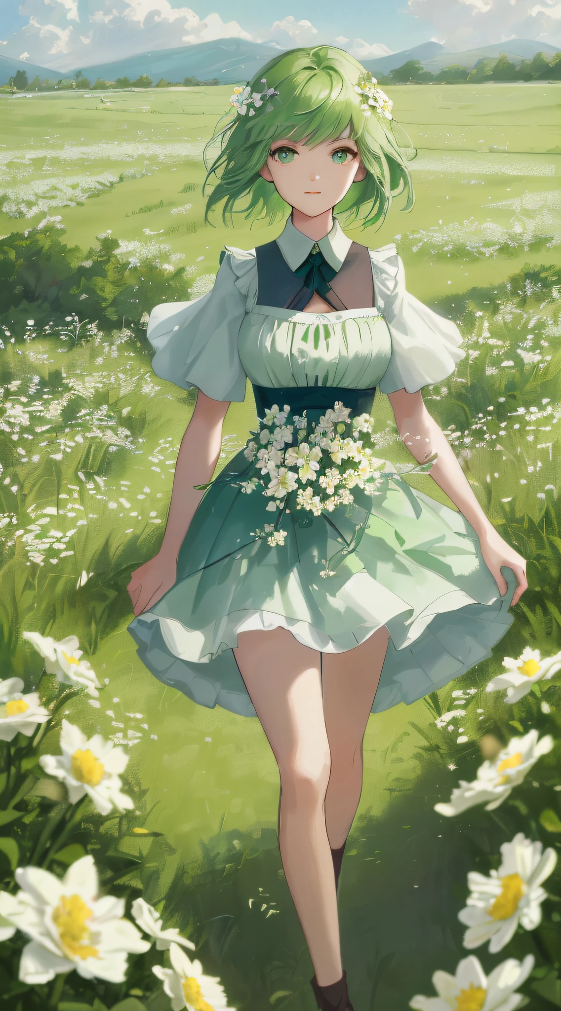High Detail, Ultra Detail, Ultra High Resolution Short green hair girl enjoying her time in open field, surrounded by the beauty of nature, warm sun sprinkling on her, white flowers gently swaying in the breeze. Butterflies and birds flutter around her, adding to the playful atmosphere , --v6