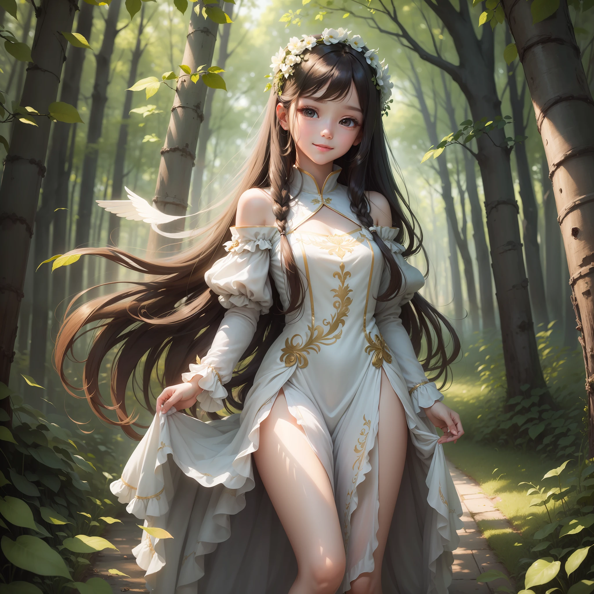 (masterpiece, best quality, ultra-detailed), an angelic girl with a kind and charming demeanor, an innocent childlike quality, gentle smile, fair skin, long hair, flowing dress, gentle breeze, dreamy atmosphere.