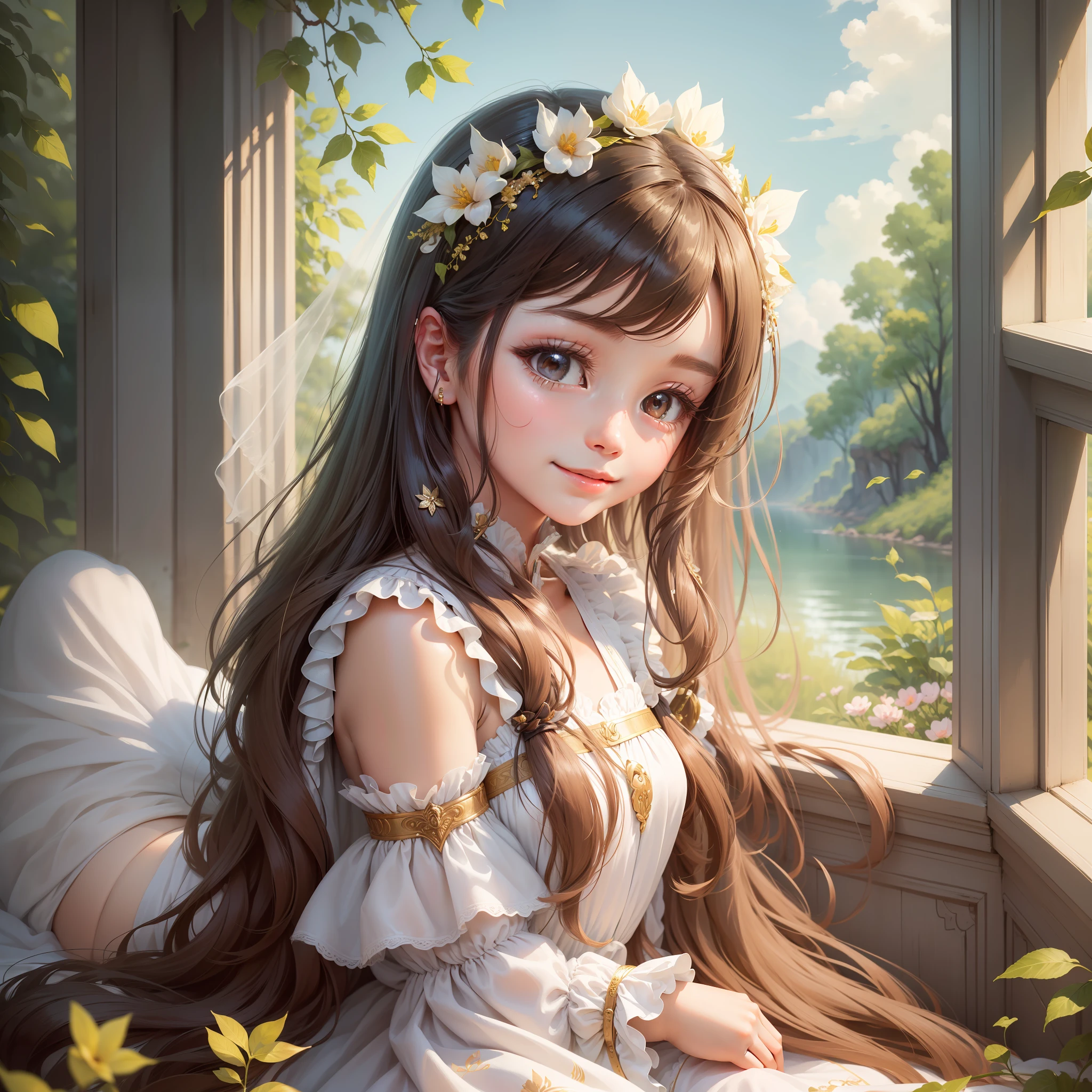 (masterpiece, best quality, ultra-detailed), an angelic girl with a kind and charming demeanor, an innocent childlike quality, gentle smile, fair skin, long hair, flowing dress, gentle breeze, dreamy atmosphere.