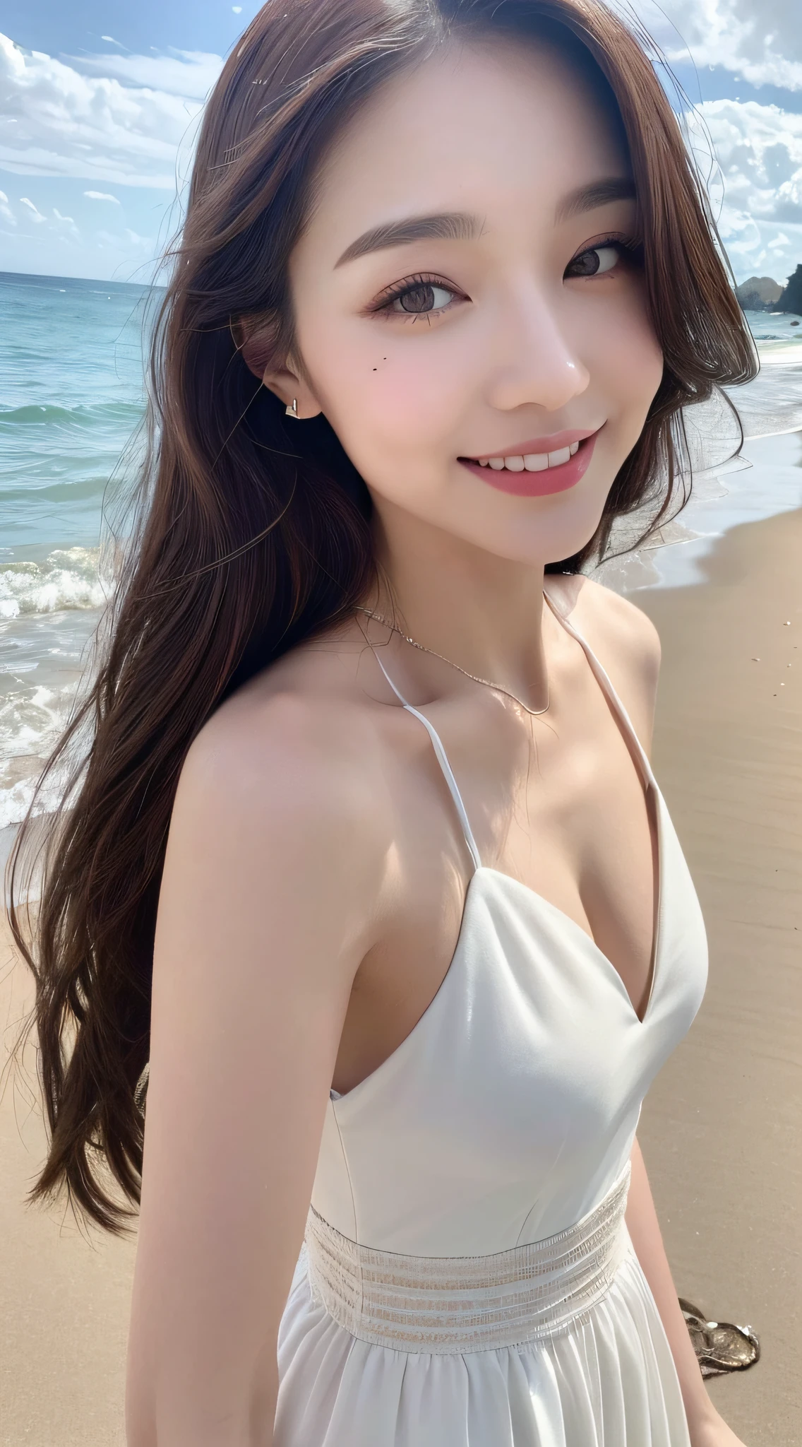 ((Best Quality, 8K, Masterpiece: 1.3)), 1 girl, smile, full body, slim face, pretty woman, (dark brown hair), full length white dress :1.2, super detailed face, detailed eyes, double eyelids, blurred background, slim face, ((beach, ocean: 1.3)), outside,