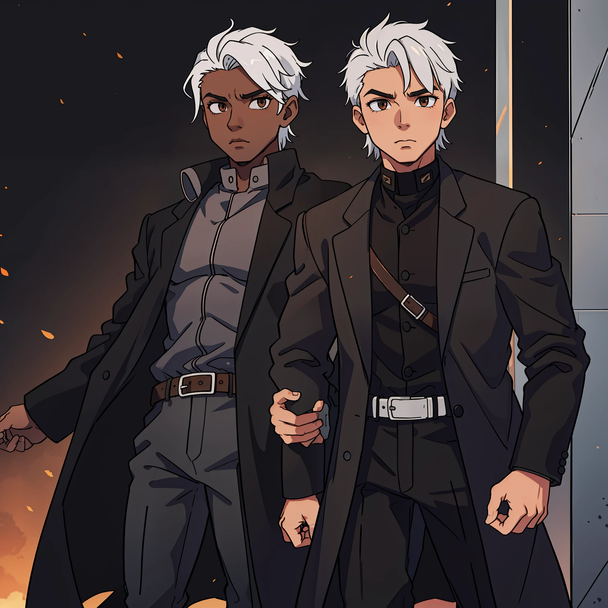 male character, 20 years old, dark skin tone, white hair, brown eyes, black overcoat, black leather shirt, an iron belt, a black pants.tanado, brunette, negão, black.