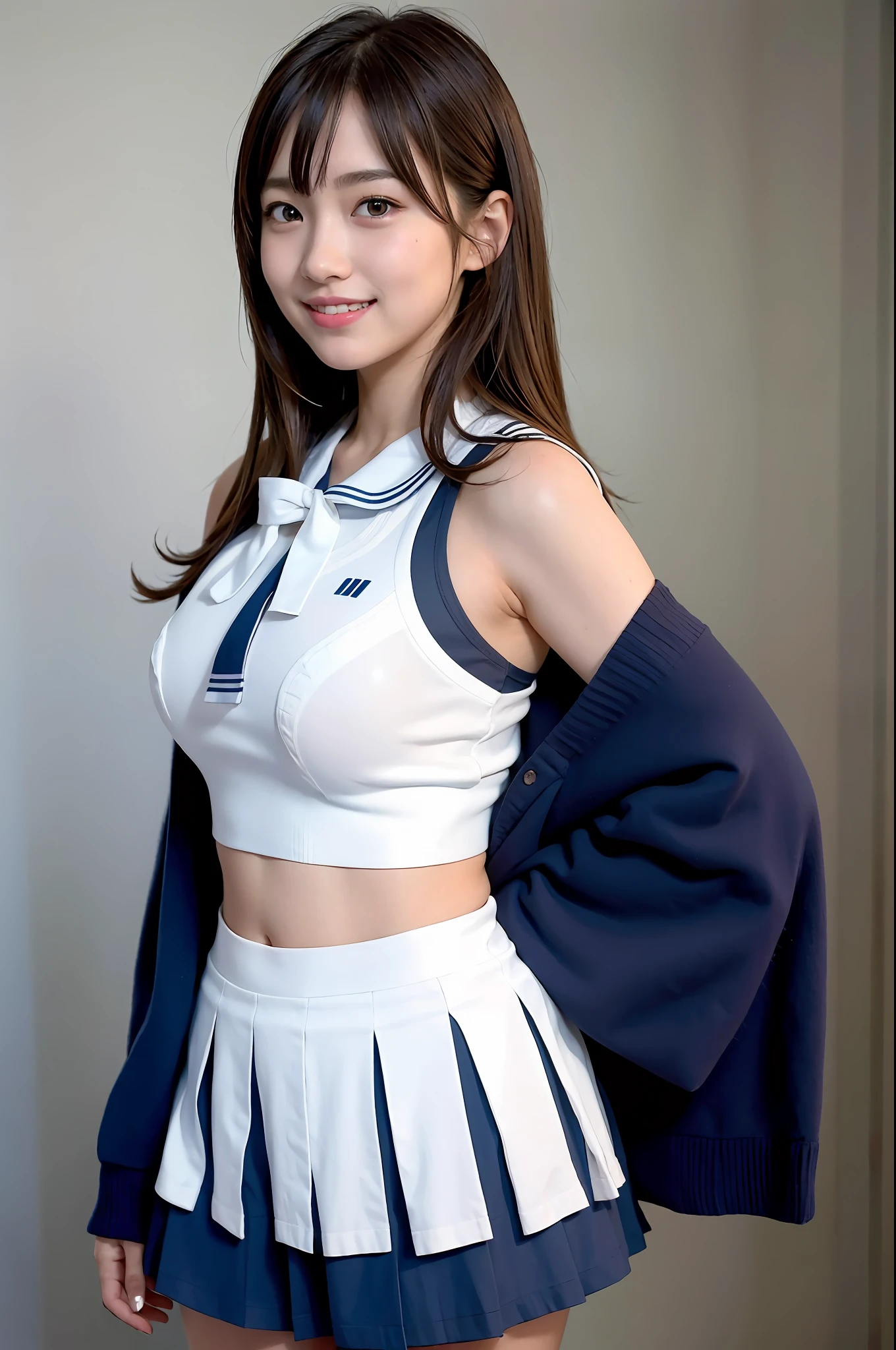 Teenage cute girl in AKB48 uniform, AKB48 Team TP, AKB48 uniform, (masterpiece, top quality: 1.2), super high resolution, (photorealistic: 1.4), detailed skin, cinematic lighting, bare breasts, friendly, intelligent, charming conversation, happy, kind, energetic, cheerful, creative, with glowing eyes and contagious smile, full body, No bra, hard