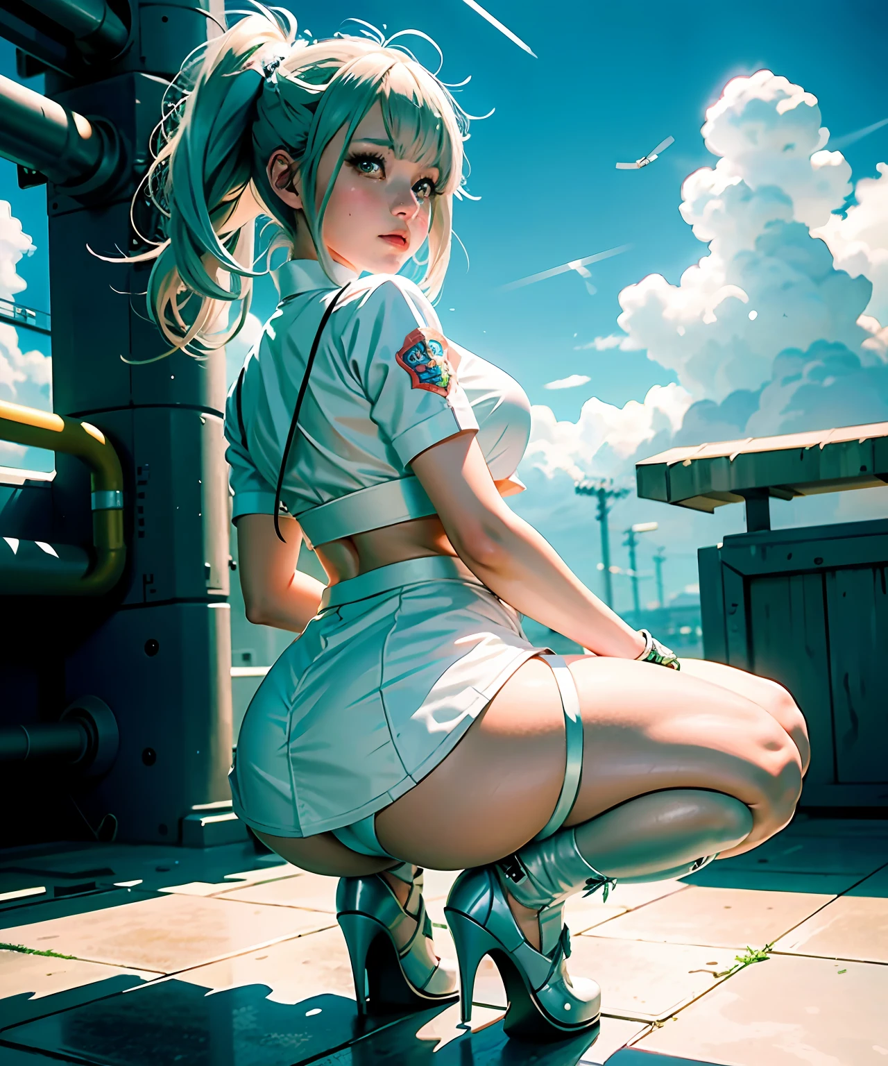 anime - image of a woman with a huge in white outfit, short skirt, anime drawing of Shitao, pixiv, furry art, anime girl squatting, beautiful anime girl squatting, Azur Lane style, from the video game Azur Lane, illuminated from behind, bent, SFW version, Ahegao, Thicc.
