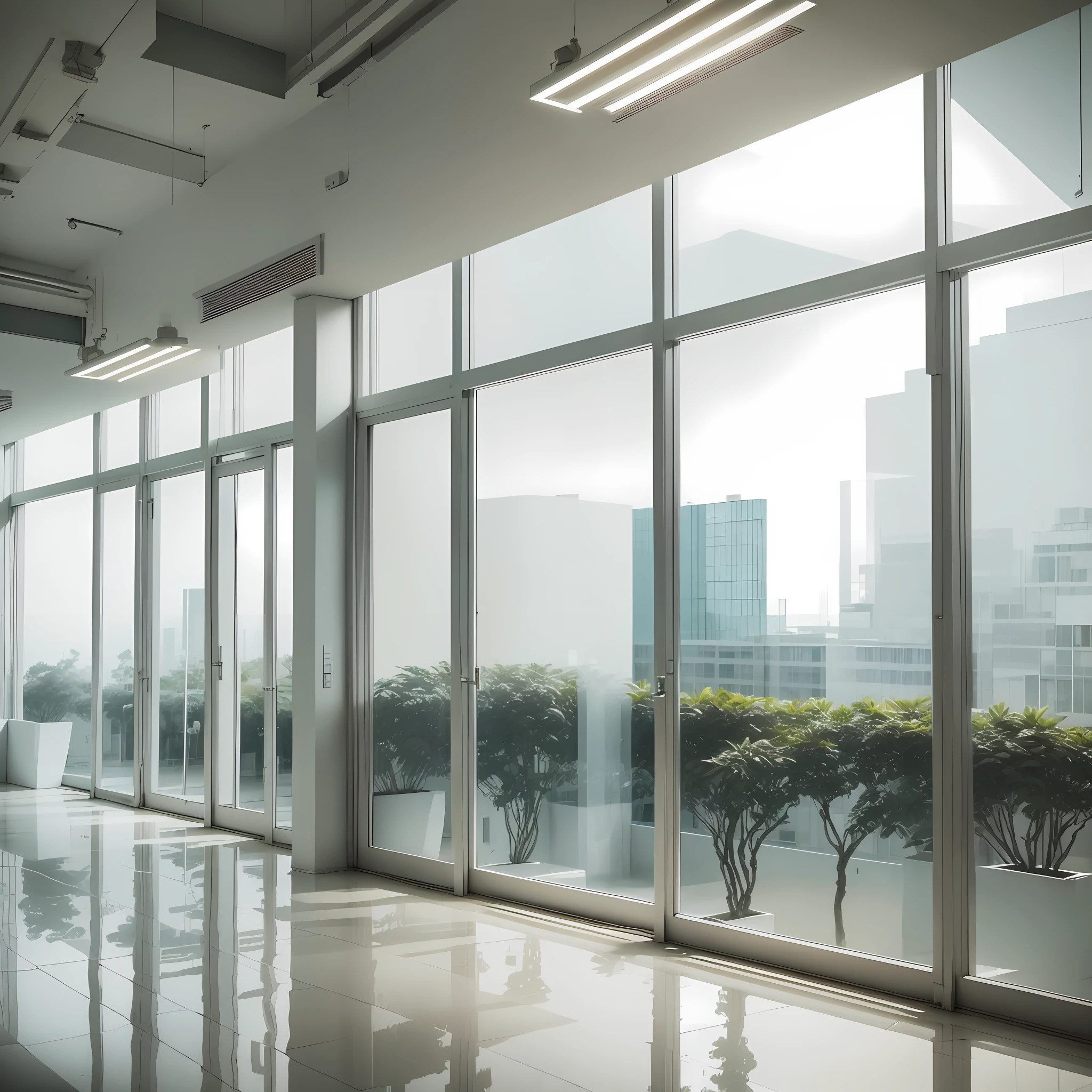 An office, white, floor-to-ceiling windows, greenery, building, office building, pure, clean, real, lighting, brightness, white, light, modern, white tone, background, president, boss office, background wall tall building, --auto --s2