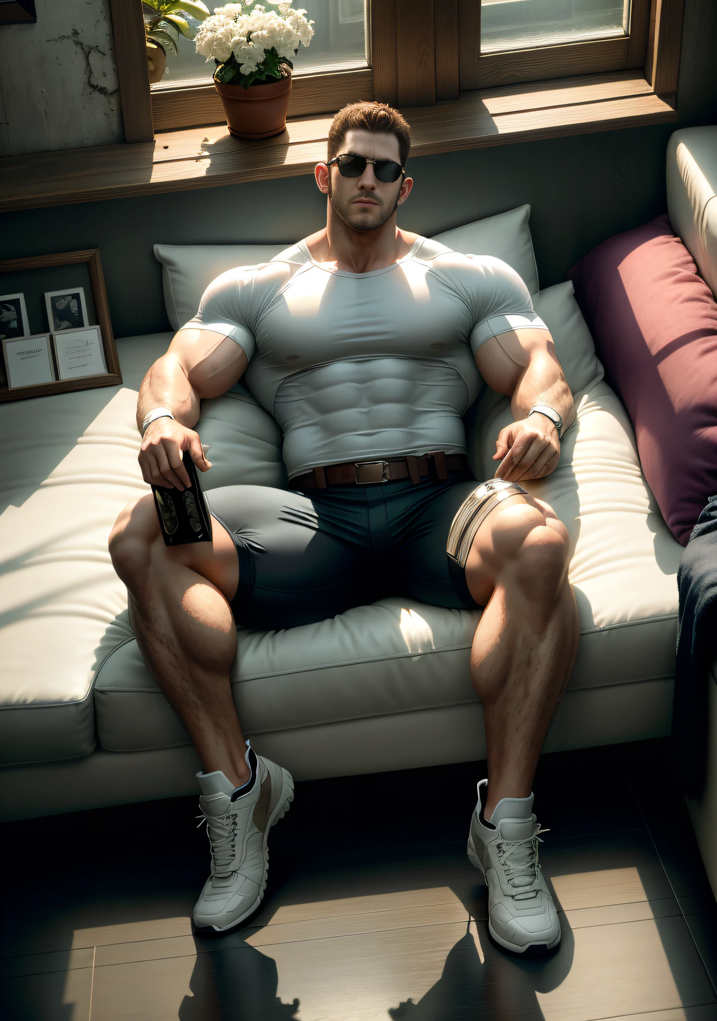 Movie poster, character design (Resident Evil - Chris Redfield) wearing cream white tights, lying down on a soft sofa with sad expression, muscular male hero, heroic male pose, tall, burly, muscular! Wearing sunglasses, sexy charming muscular leg muscles, tall burly, creamy white skinny, super gain and cool, high resolution committee, cream white combat boots, attractive strong male, blazing sunlight shining through the window