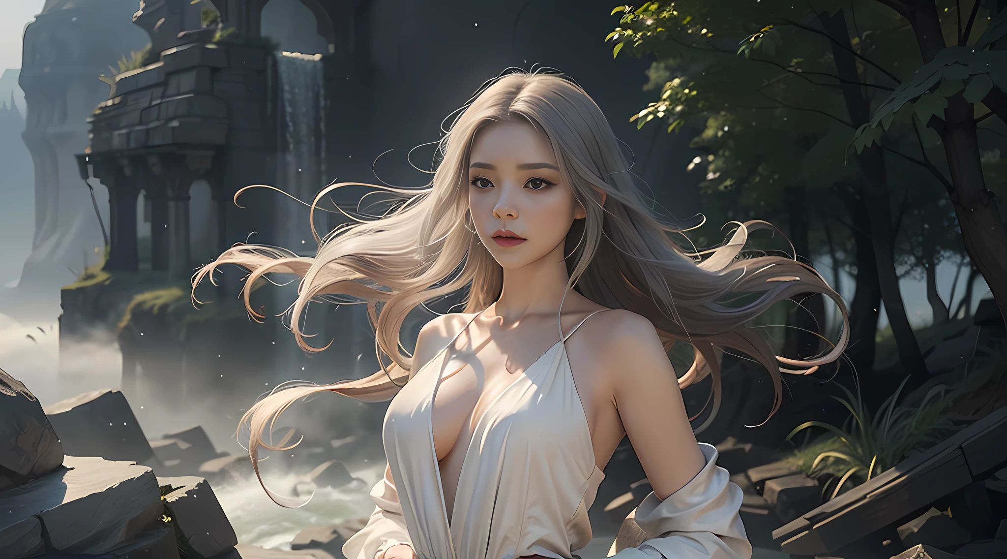 A woman in a white dress in smoke, fantasy art style, digital art fantasy, digital art fantasy art, fantasy woman, ethereal fantasy, moody misty fantasy art, digital 2d fantasy art, guweiz, digital fantasy art), trending digital fantasy art, fantasy digital art, anime fantasy illustration, art cover, beautiful fantasy art, beautiful character painting, pose, realism, perfect figure.