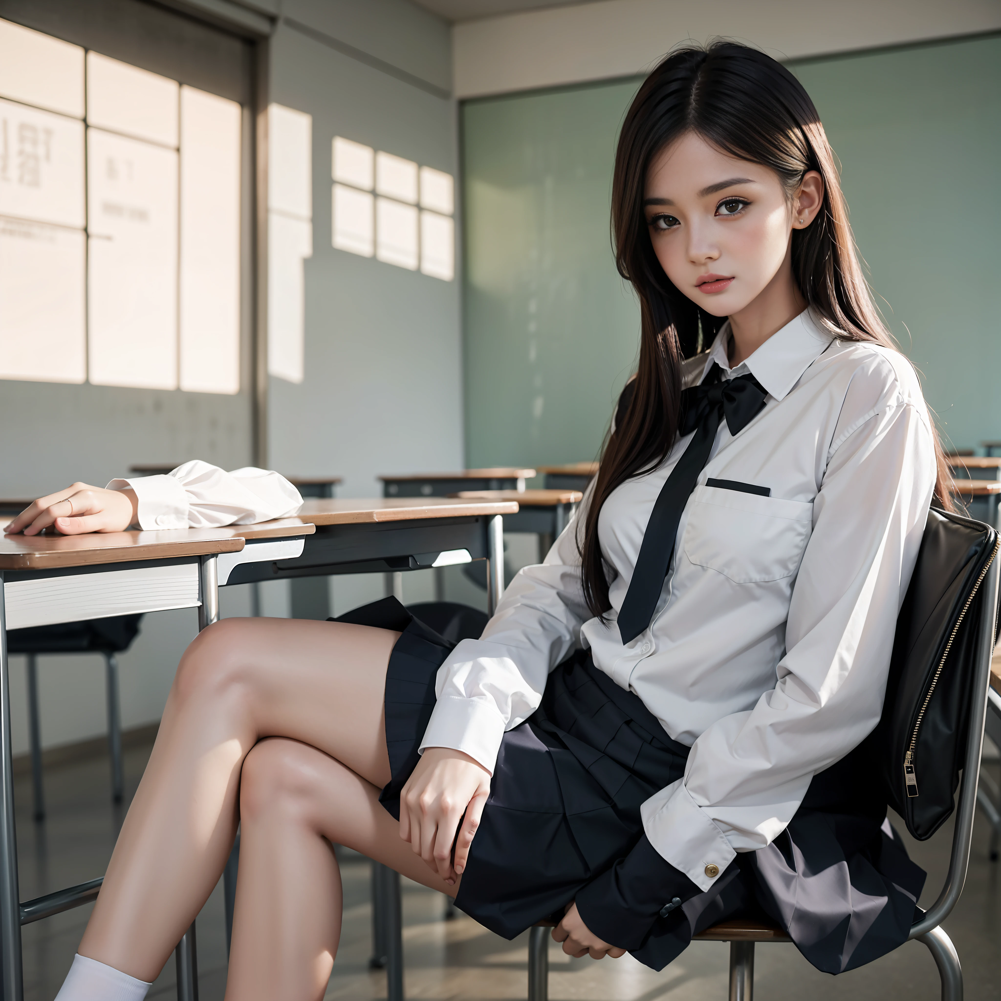The woman is alone, young and beautiful, wearing a school uniform sitting on a stool in the classroom, fair skin, perfect figure, pure and beautiful, master boutique, high definition