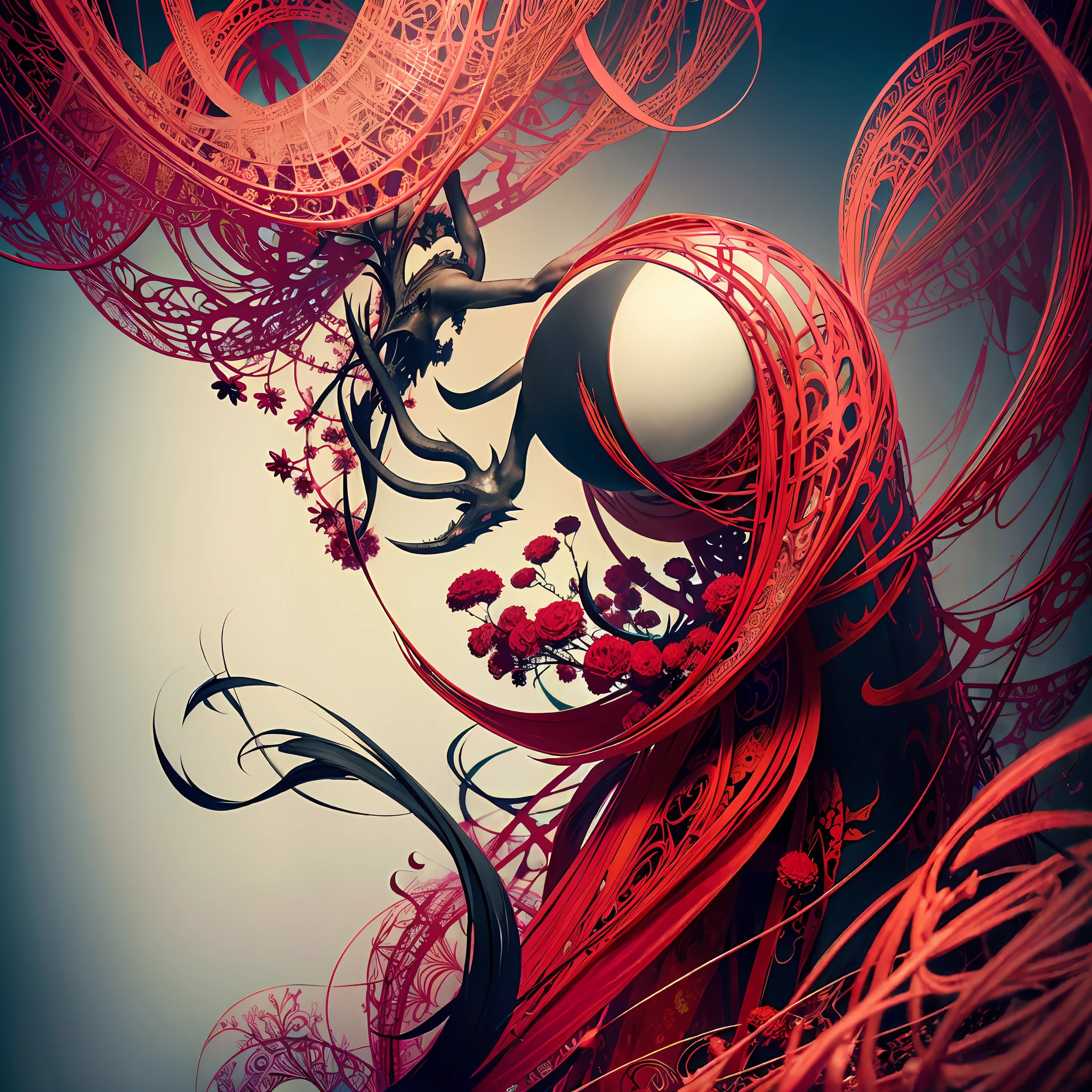 official art, unity 8k wallpaper, ultra detailed, beautiful and aesthetic, masterpiece, best quality, (zentangle, mandala, tangle, entangle), (fractal art:1.3) , 1girl, red flowers, extremely detailed, dynamic angle, cowboyshot, the most beautiful form of chaos, elegant, a brutalist designed, vivid colours, romanticism, by james jean, roby dwi antono, ross tran, francis bacon, michal mraz, adrian ghenie, petra cortright, gerhard richter, takato yamamoto, ashley wood, atmospheric