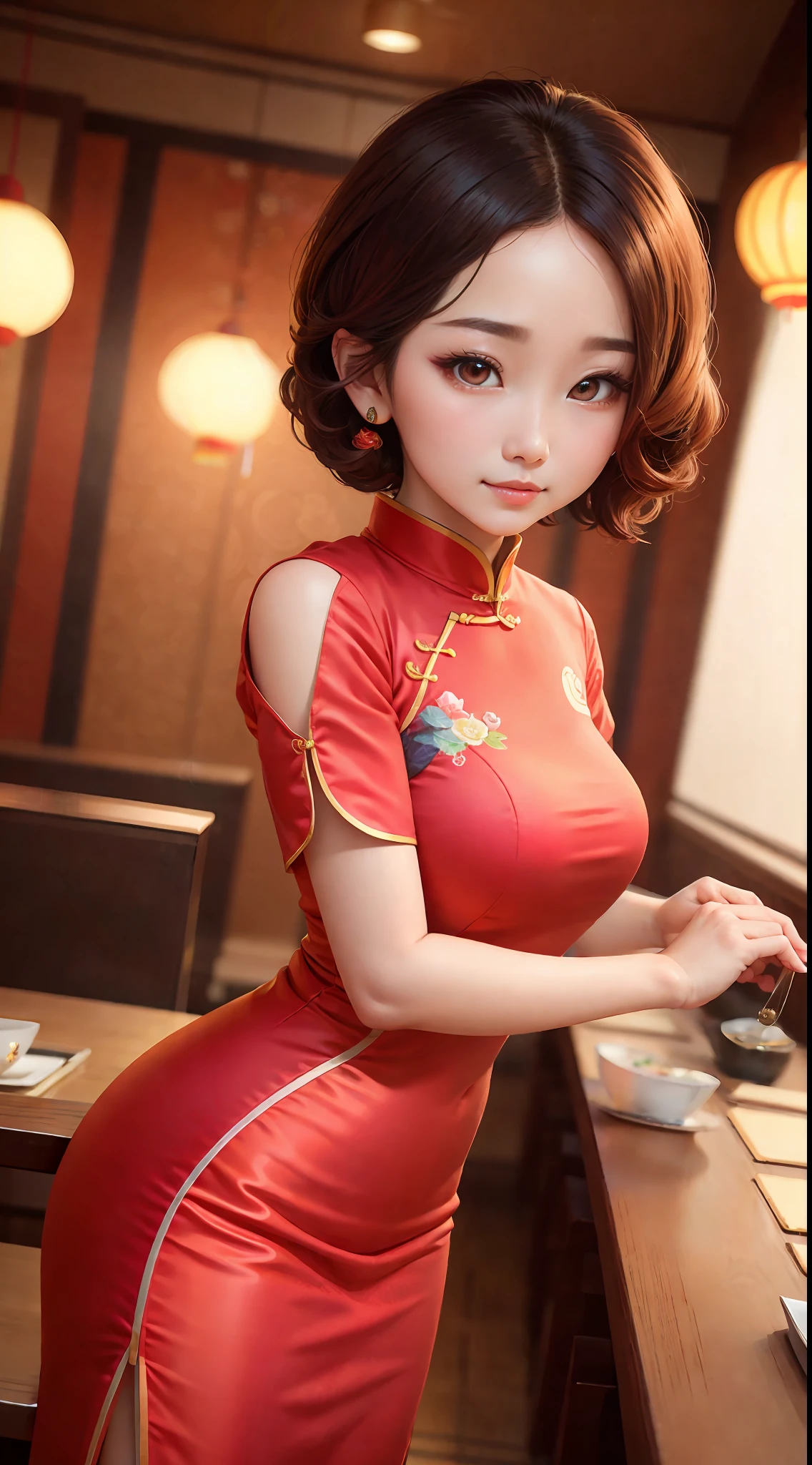 meiqi, beautiful woman, qipao, short wavy hair, beautiful face, alluring, perfect face, big gorgeous eyes, soft smile, perfect slim fit body, chinese restaurant, bright colors