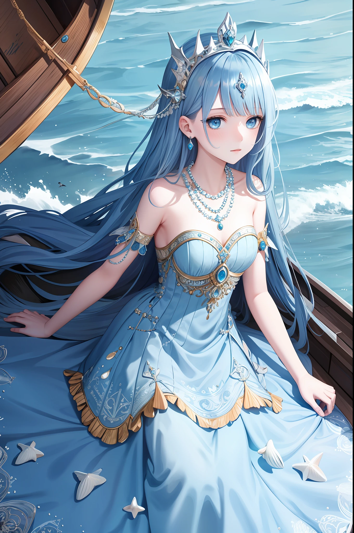 Girl, alone, sea blue long hair, blue eyes, dress, necklace, pearls, shells, waves, ocean, sea, fish, boat, super detail, best quality, white crown, masterpiece, extreme, headgear, intricate detail , strapless, on board