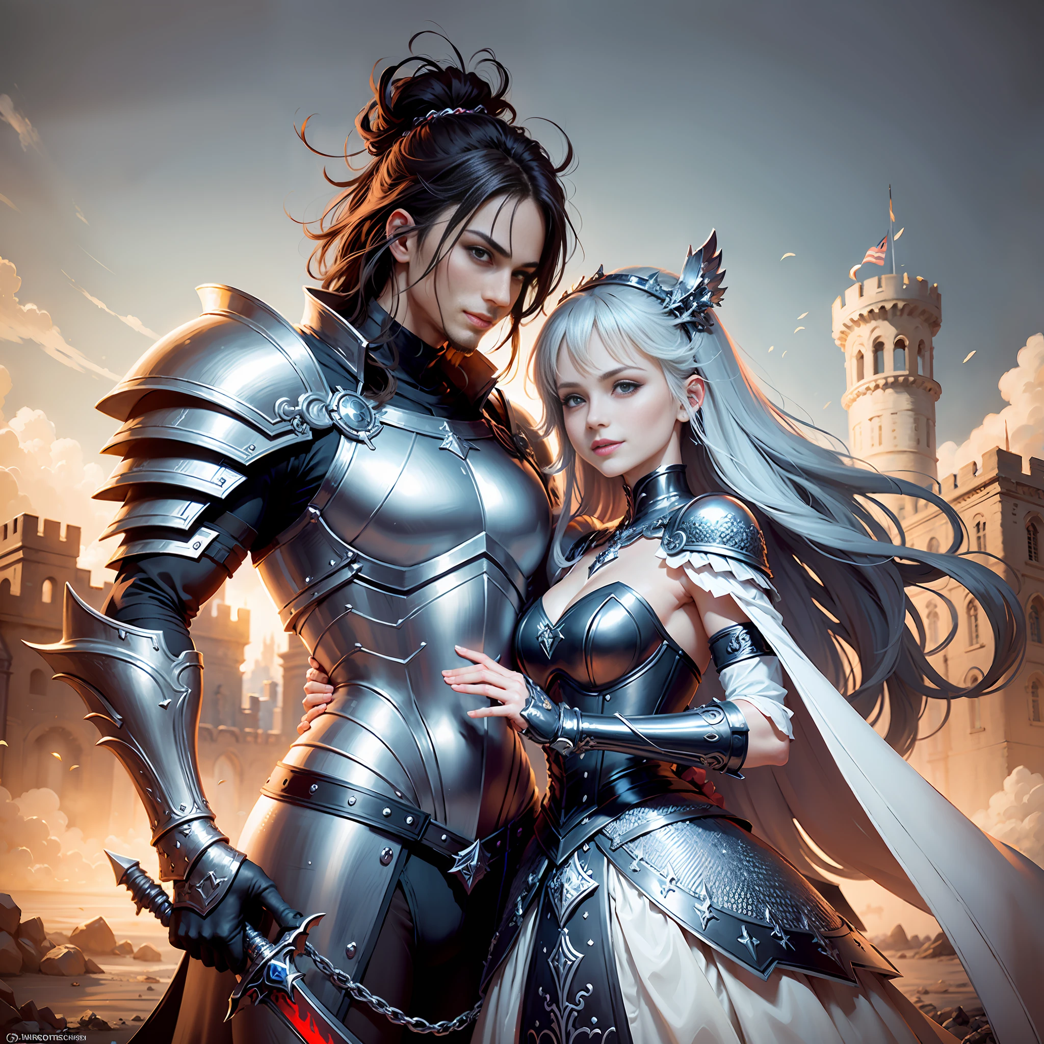 (((Medium shot))), couple, ((a man and a woman)), two individuals, big sword, battle, gorgeous background, dark castle in the background, ((big sword)), frolic, hilarious , sweet, happy, smile, colored armor, colored chain mail, colored armor, happy, pretty eyes, playful, surrealism, pov, romanticism, cinematic lighting, 8K, UHD, masterpiece, ccurate, anatomically correct, textured skin, high detail, high quality, high resolution, Award-winning, best quality, 16K, bad body, bad hands, bad legs.