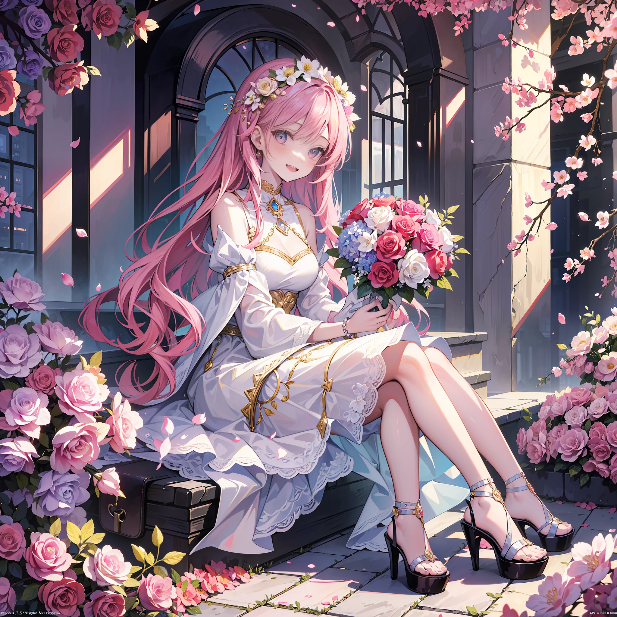 (masterpiece, top quality, highest quality, official art, beautiful aesthetics, 1 woman, : 1.2), 1 girl, shining jewel-like eyes, happy expression, beautiful face, kind, happy, happy, holding a bouquet, casual clothes, pink long hair, high heel sandals, see here, park full of flowers, 8k wallpaper