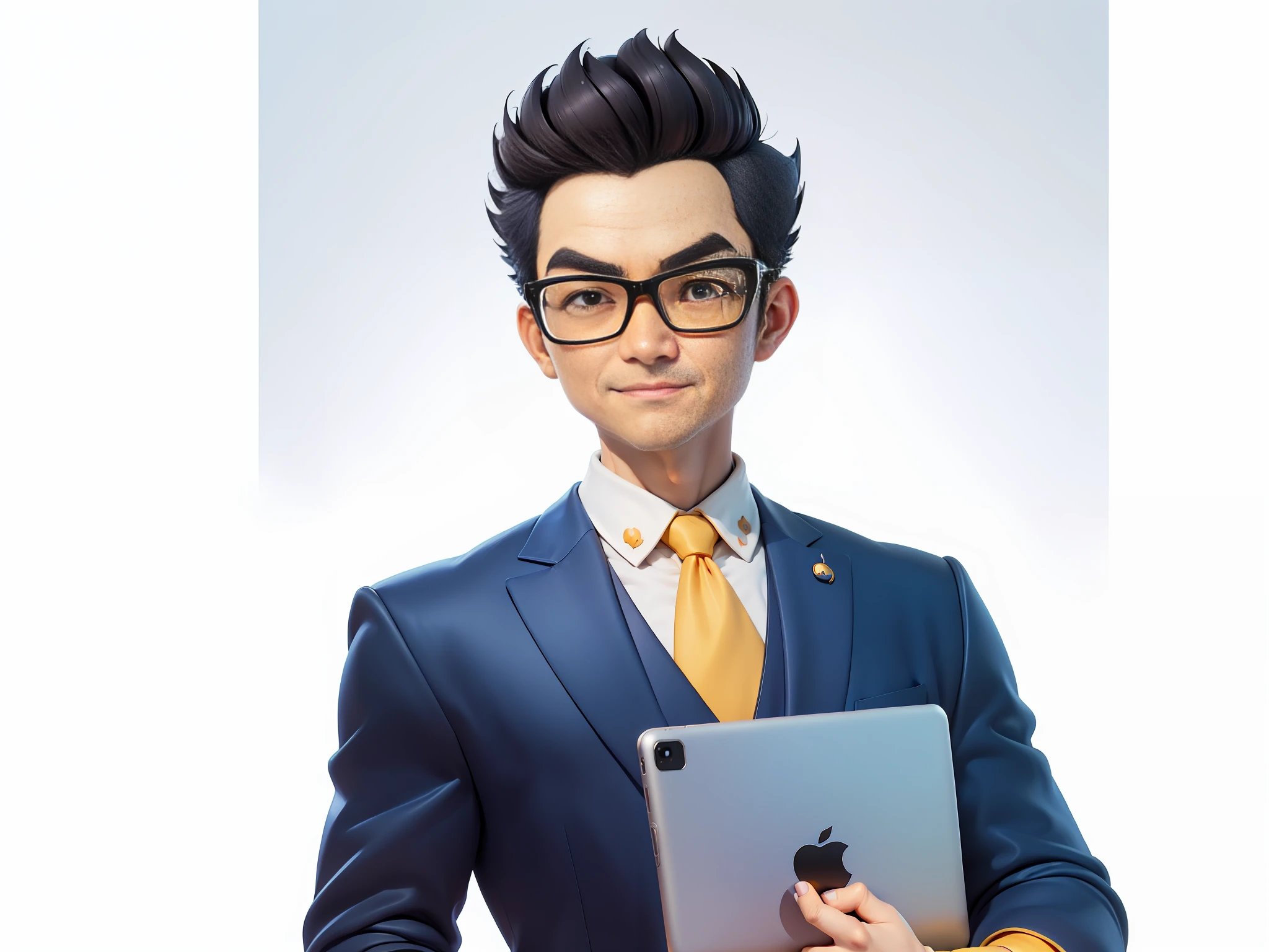 ((Masterpiece), (Excellent), (Super Meticulous), (Full Body: 1.2), Super Young Man, Oriental Face, Japanese Wind Thunder God, Dragon, Tiger, TV Anchor, Bust Portrait Illustration, Alone, Yellow Formal Suit, Blue Tie, Slightly Chubby Face, Silver Glasses Face Very Clean No Beard, Black Super Short Hair, Black Eyes, Confident Smile, 3c Computer Sub-Products, iPad, iPhone, Digital Painting, 3D Character Design by Akira Toriyama and Mark Claireden and Pixar and Hayao Miyazaki, The illustration is a high-definition illustration in 4K resolution with very detailed facial features and cartoon-style visuals.