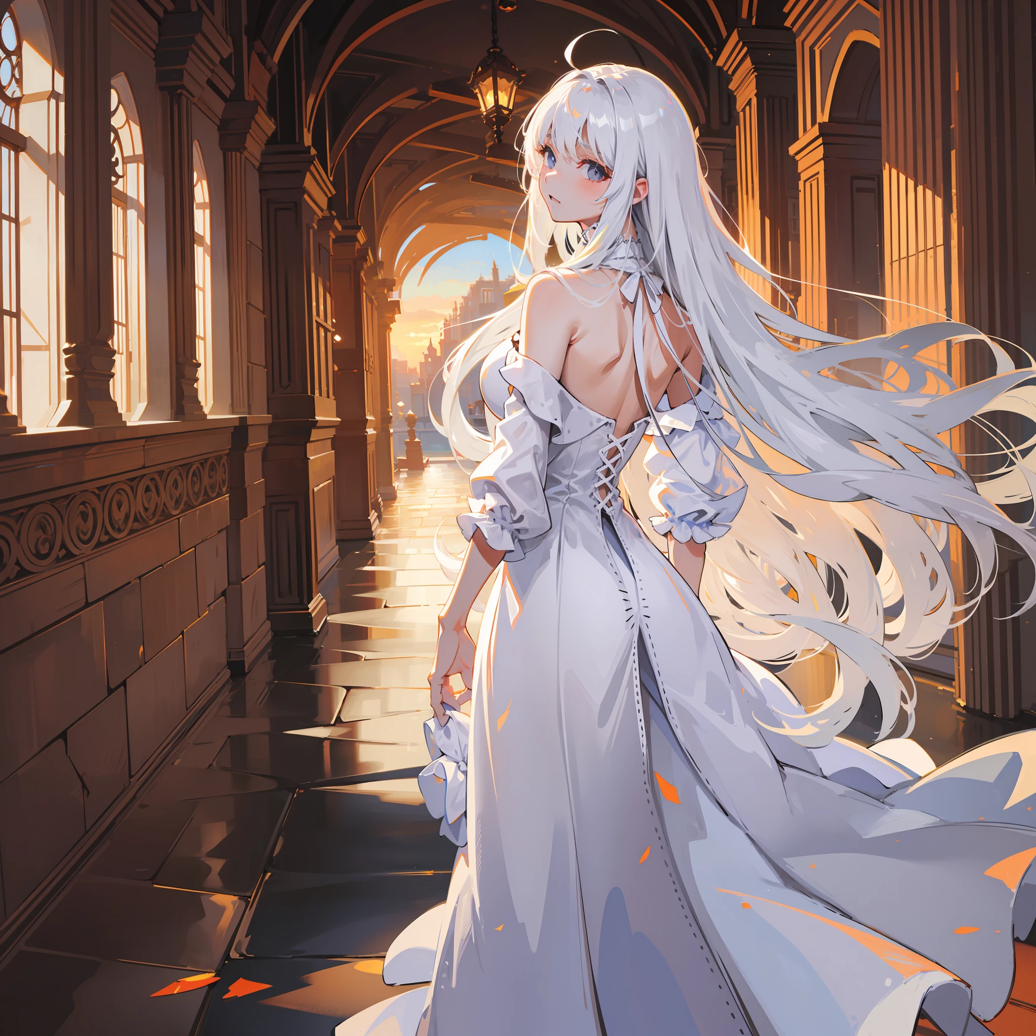 White-haired, long-haired girl, wearing a long white dress, sunset, looking back