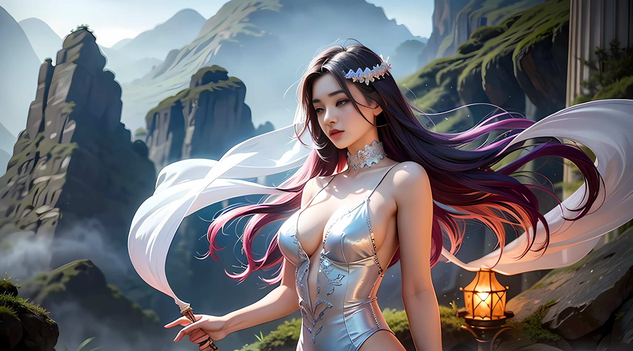 A woman in a white dress in smoke, fantasy art style, digital art fantasy, digital art fantasy art, fantasy woman, ethereal fantasy, moody misty fantasy art, digital 2d fantasy art, guweiz, digital fantasy art), trending digital fantasy art, fantasy digital art, anime fantasy illustration, art cover, beautiful fantasy art, beautiful character painting, pose, realism, perfect figure.
