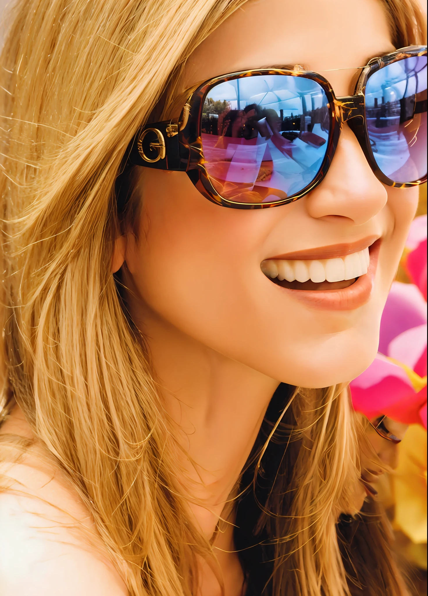 blond woman with sunglasses smiling and looking at camera, wearing mirrored sunglasses, sunglasses on, with sunglass, woman with rose tinted glasses, zoomed in, with sunglasses, with a beautifull smile, looking straight forward, wearing versace sunglasses, portrait happy colors, wearing oakley sunglasses, by Echo Chernik, with mirrorshades sunglasses, beautiful and smiling, smiling :: attractive --auto --s2