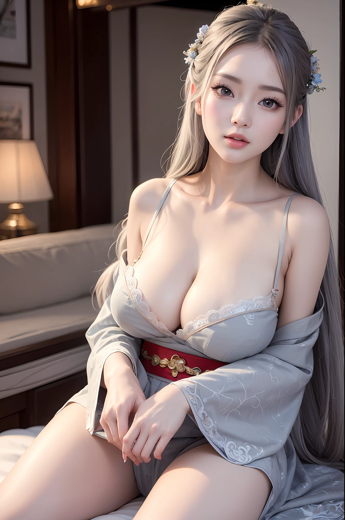 ulzzang-6500-v1.1,(raw photo:1.2),((photorealistic:1.4))best quality,masterpiece, illustration, an extremely decision and beautiful, extremely detailed,CG,unity,8k wallpaper, Amazing, finely detail, masterpiece, best quality, official art, very detailed CG unified 8k wallpaper, ridiculous, incredibly ridiculous, huge file size, super detailed, high resolution, very detailed, beautiful detailed girl, very detailed eyes and face, beautiful detailed eyes, light on face, movie lighting, ((gorgeous sexy hanfu)), 1girl, full body, full body photo, see-through, looking at the audience, ((gray hair)), huge breasts, Lie in bed