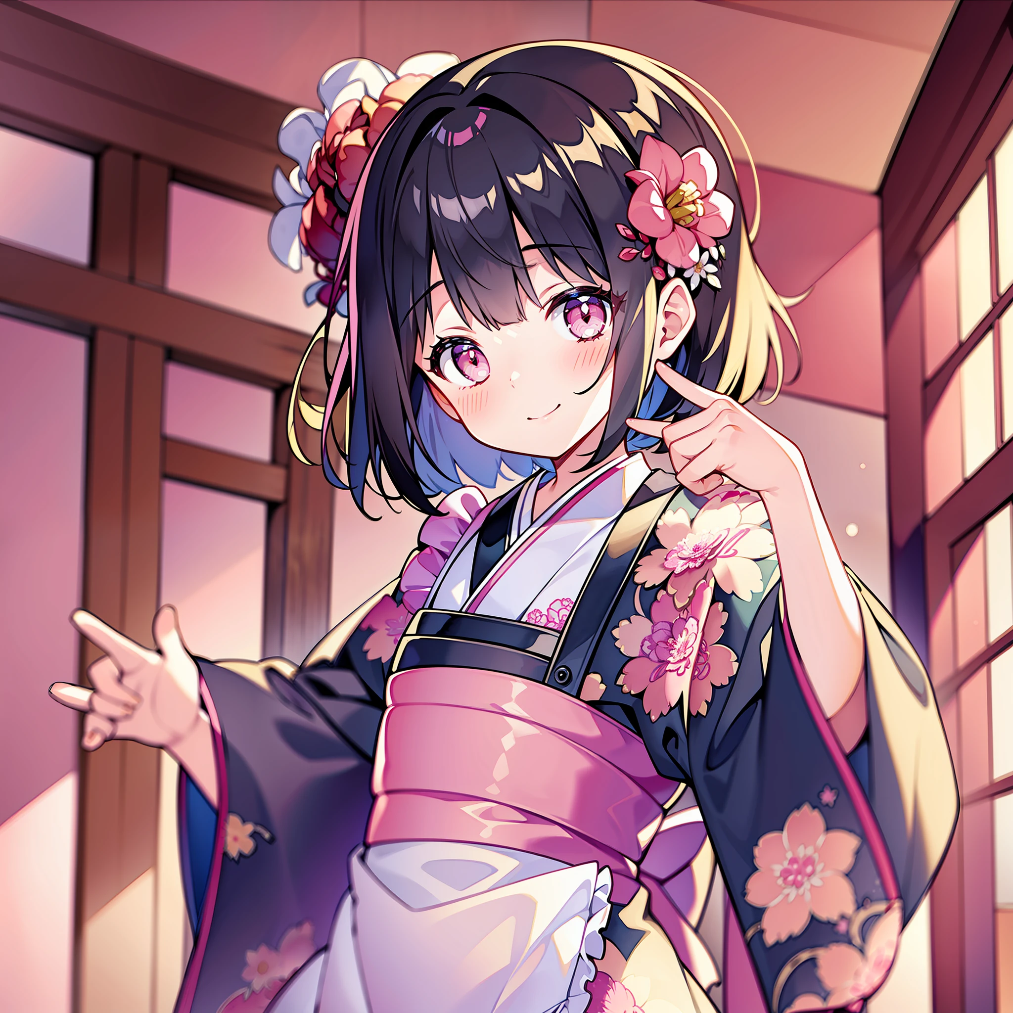 (masterpiece, best quality, high resolution), (watercolor), kimono, floral, light pink, cute, blush, seductive smile, , beautiful girl, child, (apron), lights, black hair, hair ornament, bob cu, flower, (dancing)