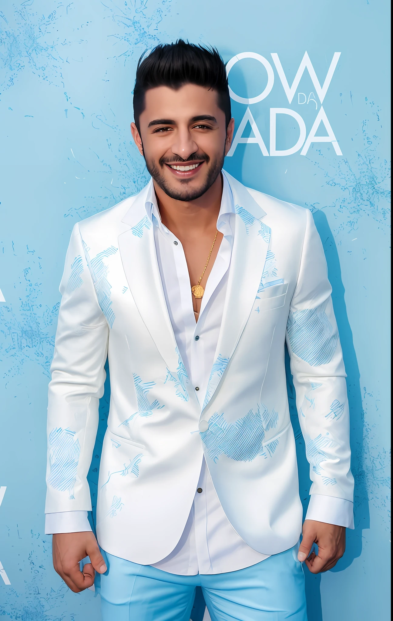 arafed man in a blue suit and white shirt smiling for the camera, singer maluma, spain rodriguez, taken in the late 2010s, joseph moncada, liam, taken in the early 2020s, in a gold suit, full body in shot, david marquez, james zapata, looking off to the side, despacito