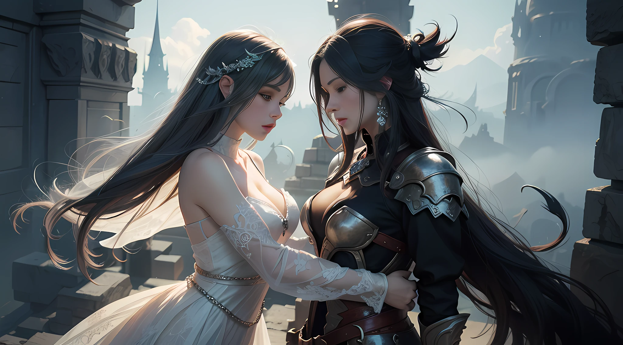A woman in a white dress in smoke, fantasy art style, digital art fantasy, digital art fantasy art, fantasy woman, ethereal fantasy, moody misty fantasy art, digital 2d fantasy art, guweiz, digital fantasy art), trending digital fantasy art, fantasy digital art, anime fantasy illustration, art cover, beautiful fantasy art, beautiful character painting, pose, realism, perfect figure.
