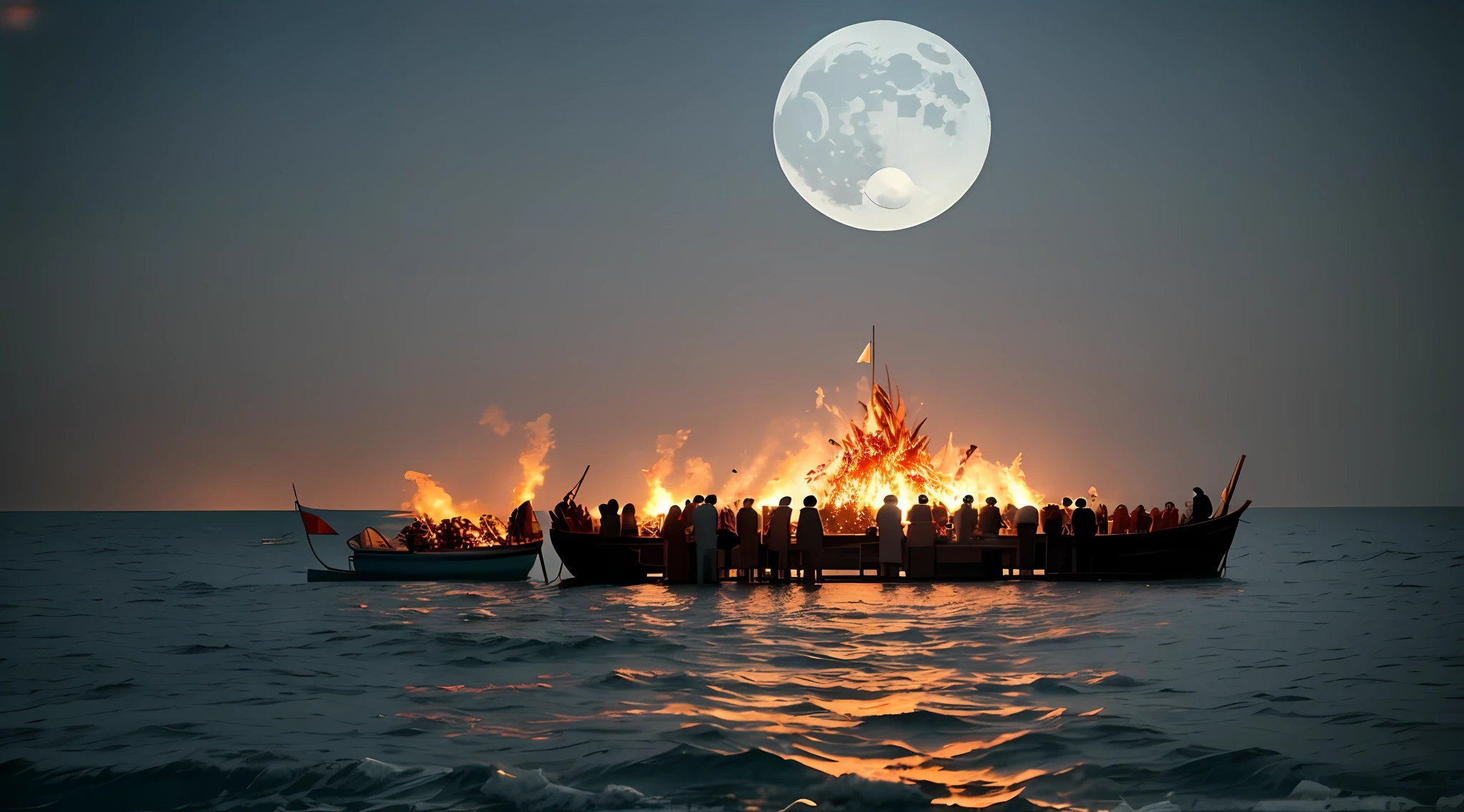 Thodōros Angelopoulos style, seaside, moon, night, several people around a huge bonfire for sacrificial ceremonies, movie shots, retro parties, 1920s, low saturation, gray tones, HD quality, surrealism, --auto --s2