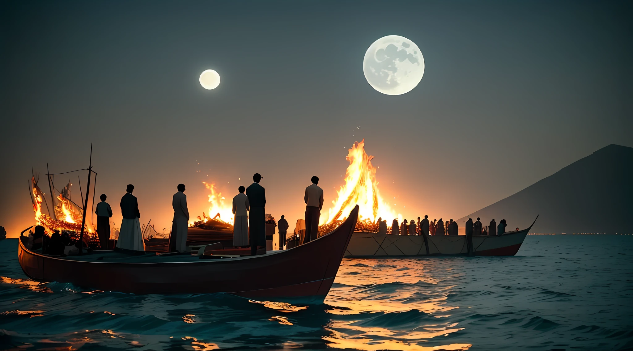 Thodōros Angelopoulos style, seaside, moon, night, several people around a huge bonfire for sacrificial ceremonies, movie shots, retro parties, 1920s, low saturation, gray tones, HD quality, surrealism, --auto --s2