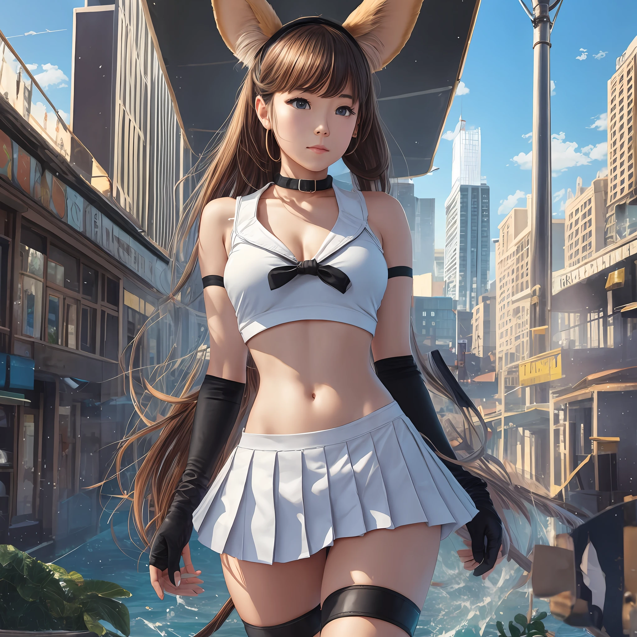 (Island Wind\(Cankoley\)), (pureerosface_v1:0.9), Realism, (Realistic:1.3), (from below)))), Sailor collar, crop top, neckline, miniskirt, pleated skirt, high-leg panties, black panties, striped thighs, rabbit ears, elbow gloves, boots, bare shoulders, in public, street, masterpiece, best quality, highly detailed, standing, middle breast, walking towards the audience, three points of light --auto --s2