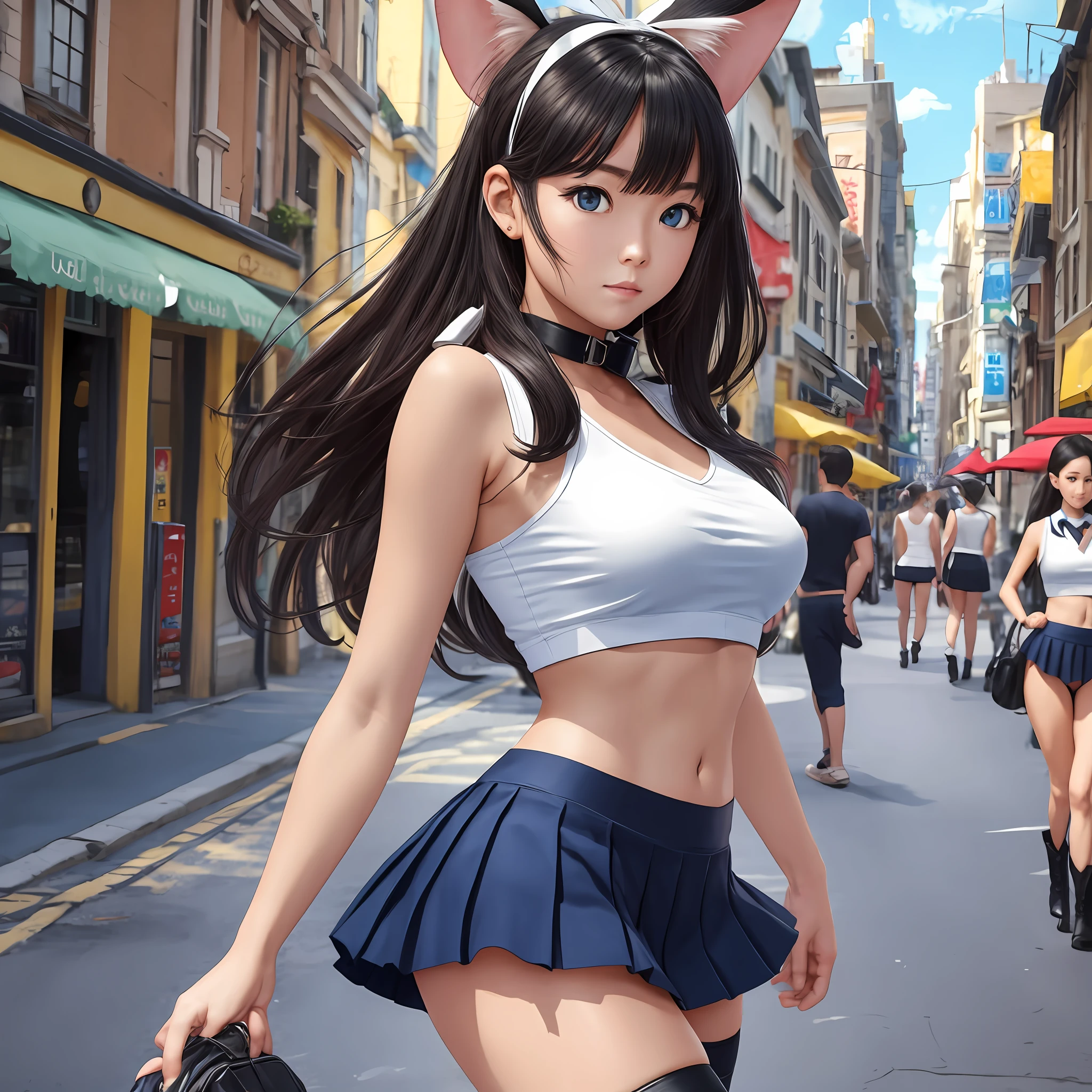 (Island Wind\(Cankoley\)), (pureerosface_v1:0.9), Realism, (Realistic:1.3), (from below)))), Sailor collar, crop top, neckline, miniskirt, pleated skirt, high-leg panties, black panties, striped thighs, rabbit ears, elbow gloves, boots, bare shoulders, in public, street, masterpiece, best quality, highly detailed, standing, middle breast, walking towards the audience, three points of light --auto --s2