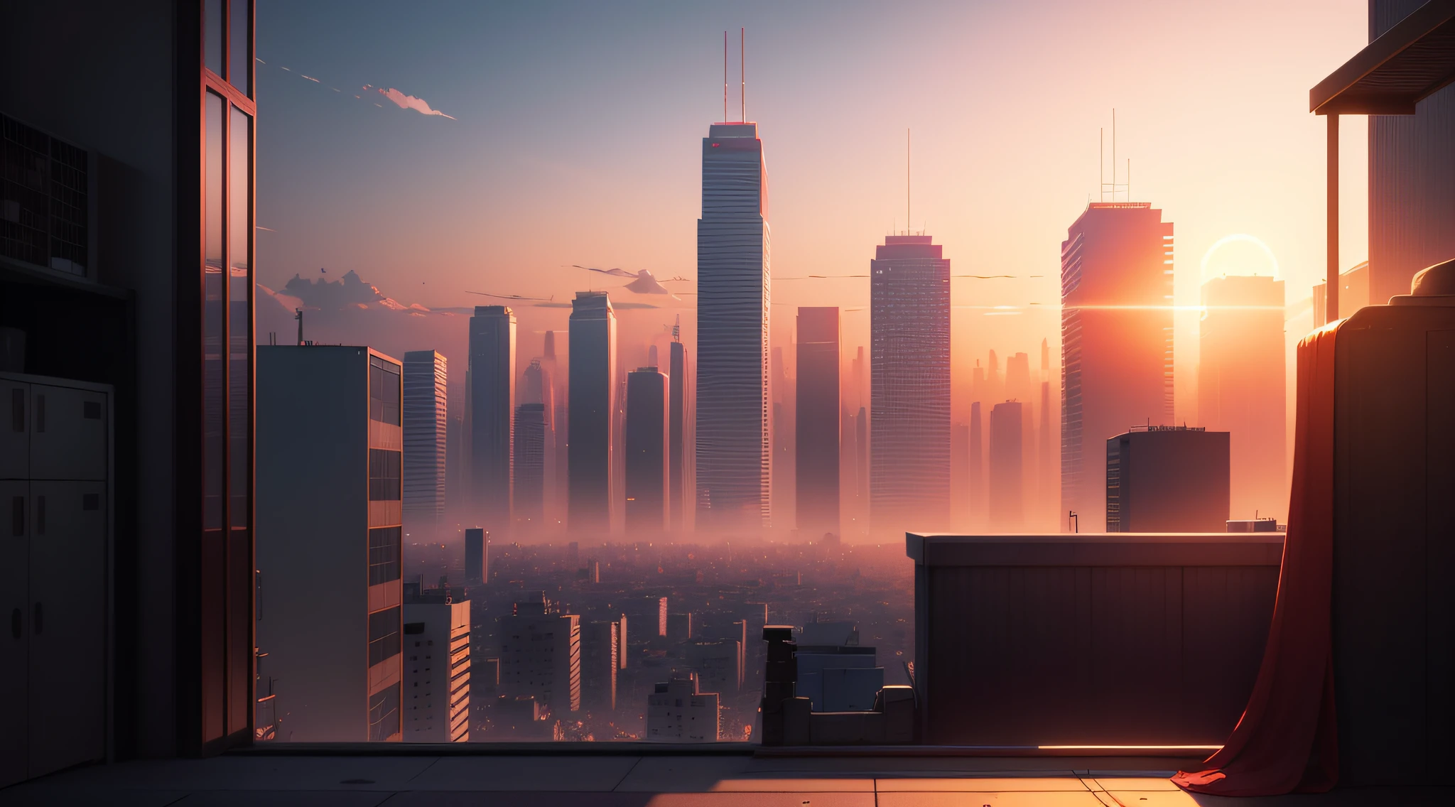 (Masterpiece: 1.2, highest quality), (Lighting) 3, detailed anime-style illustrations, urban buildings dyed by the setting sun seen from a distance, buildings appear dark and hazy in shadow. The entire screen is bright red, Makoto Shinkai, anime style, and the sky is also dyed bright red.