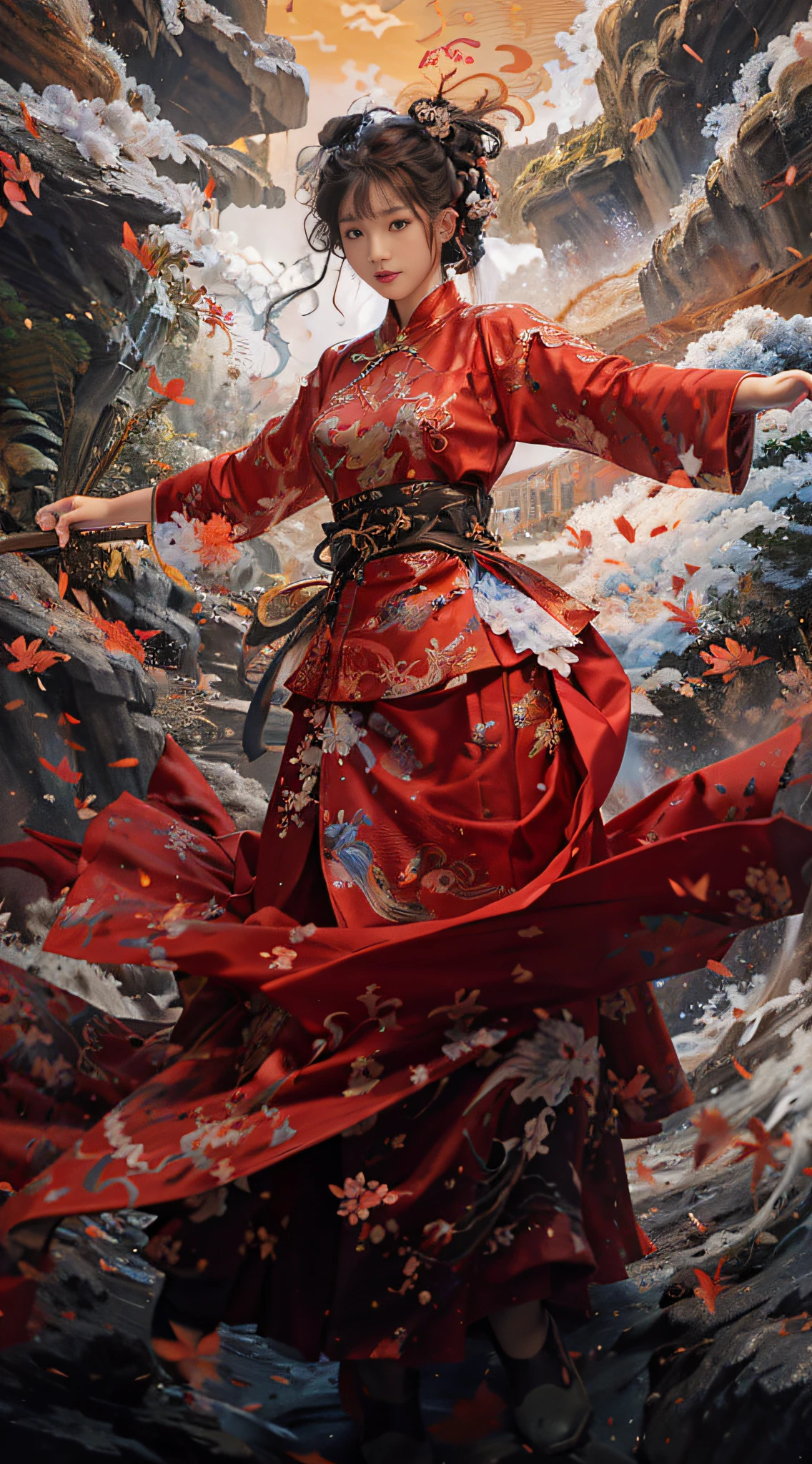 Original photo, best quality, masterpiece, super high resolution, (realistic: 1.4), anime poster, 1 hand holding a big long knife, two hands, wearing kung fu master cloth, waves, traditional Chinese ink style, girl dragon slayer, main colors are red and white black ink, dynamic movement, dynamic pose, movement, whole body::1 amazing vector in oil painting environmental art film, diorama, intricate details, solo, dress, sexy, big tits, floating_hair