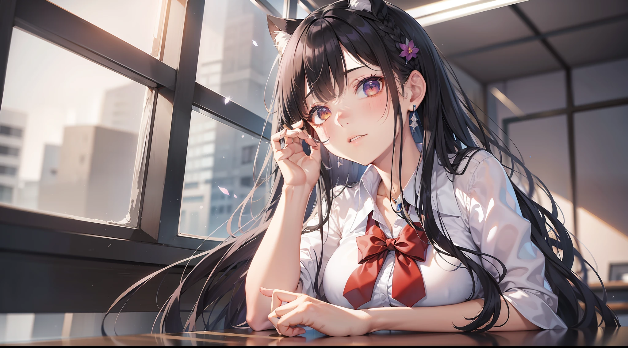 a beautiful female, selfie on the school classroom, sit on the table, wearing school uniform, besides the windows, fireflowers on the dark sky, gradient hair, black hair, silver hair, blue hair, hair behind ear, long hair, eye reflection, close-up, first-person view, symmetry, polar opposites, high detail, ray tracing, reflection light, masterpiece, best quality, anatomically correct, super detail, textured skin, UHD, highres, HD