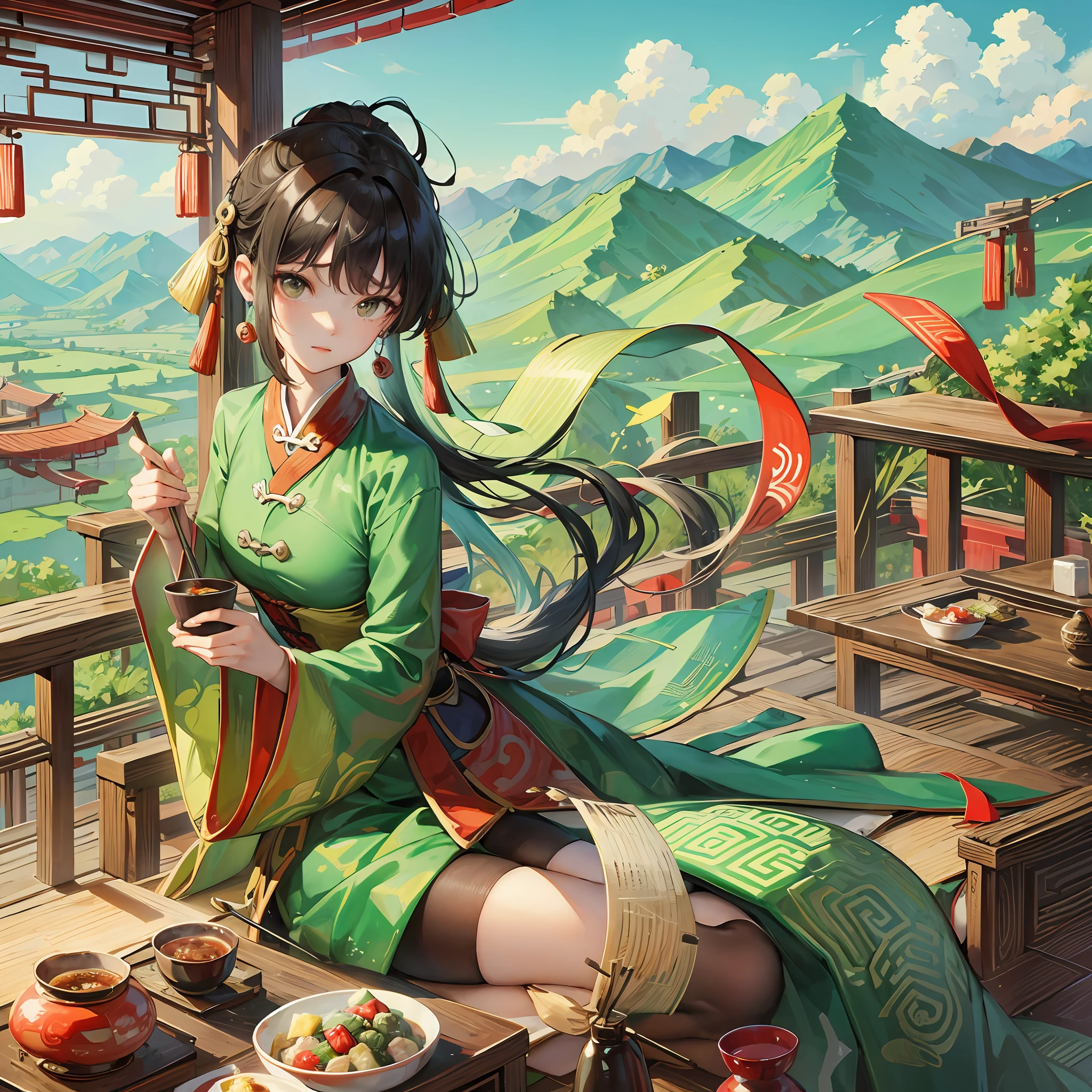 a giant and green chinese traditional foodZongzi in the middle, the Zongzi is triangular in shape with soft edge, mountains anoclouds on the background, green zone --auto --s2