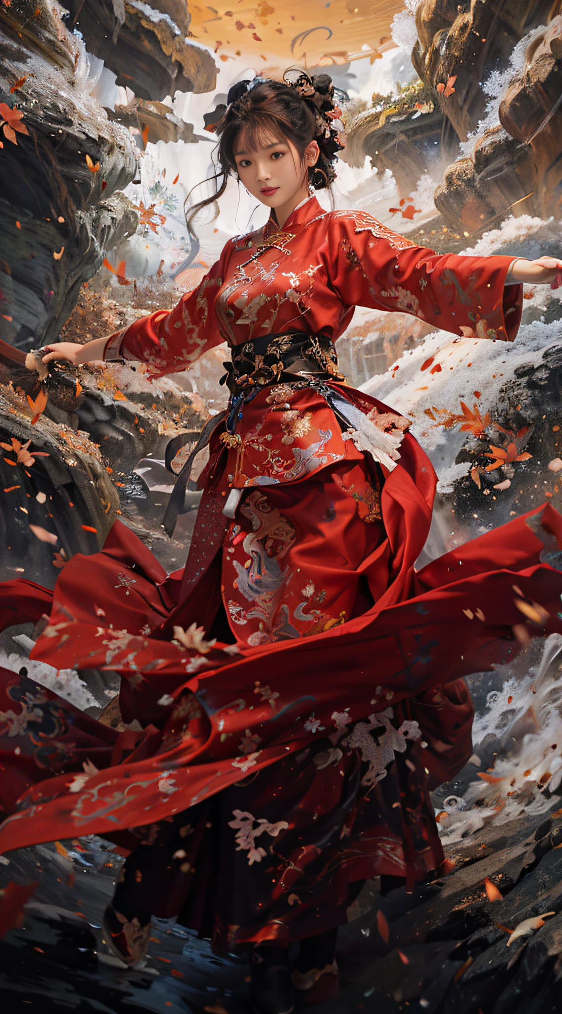 Original photo, best quality, masterpiece, super high resolution, (realistic: 1.4), anime poster, 1 hand holding a big long knife, two hands, wearing kung fu master cloth, waves, traditional Chinese ink style, girl dragon slayer, main colors are red and white black ink, dynamic movement, dynamic pose, movement, whole body::1 amazing vector in oil painting environmental art film, diorama, intricate details, solo, dress, sexy, big tits, floating_hair