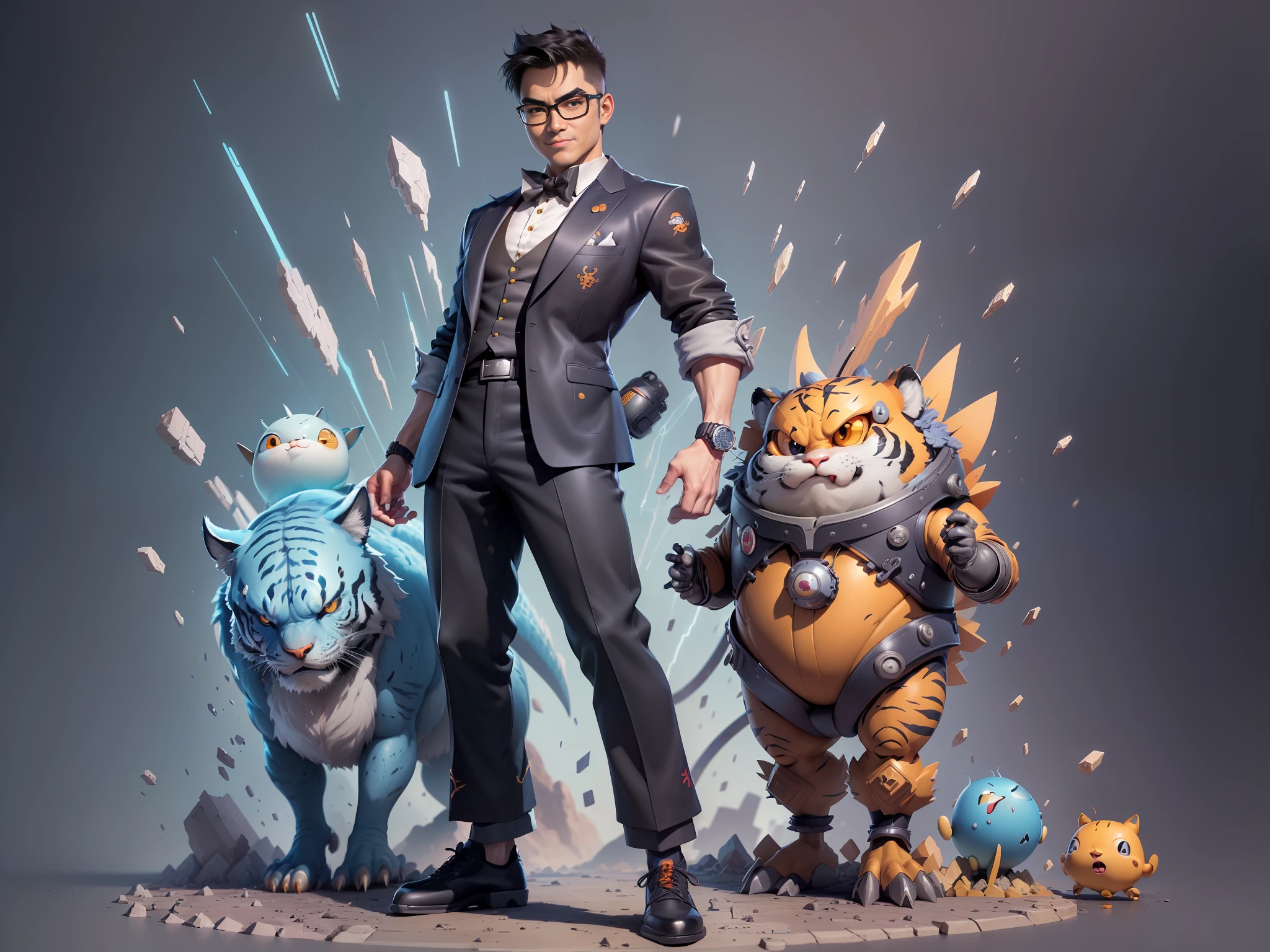 ((Masterpiece), (Extreme Quality), (Super Meticulous), (Full Body: 1.2), Super Young Man, Oriental Face, Japanese Wind and Thunder, Dragon, Tiger, TV Anchor, Bust Portrait Illustration, Alone, Black Formal Suit, Blue Tie, Slightly Chubby Face, Silver Glasses Face Very Clean No Beard, Black Super Short Hair, Black Eyes, Confident Smile, 3c Computer Sub-Products, iPad, iPhone, Digital Painting, 3D Character Design by Akira Toriyama and Mark Claireden and Pixar and Hayao Miyazaki, The illustration is a high-definition illustration in 4K resolution with very detailed facial features and cartoon-style visuals.