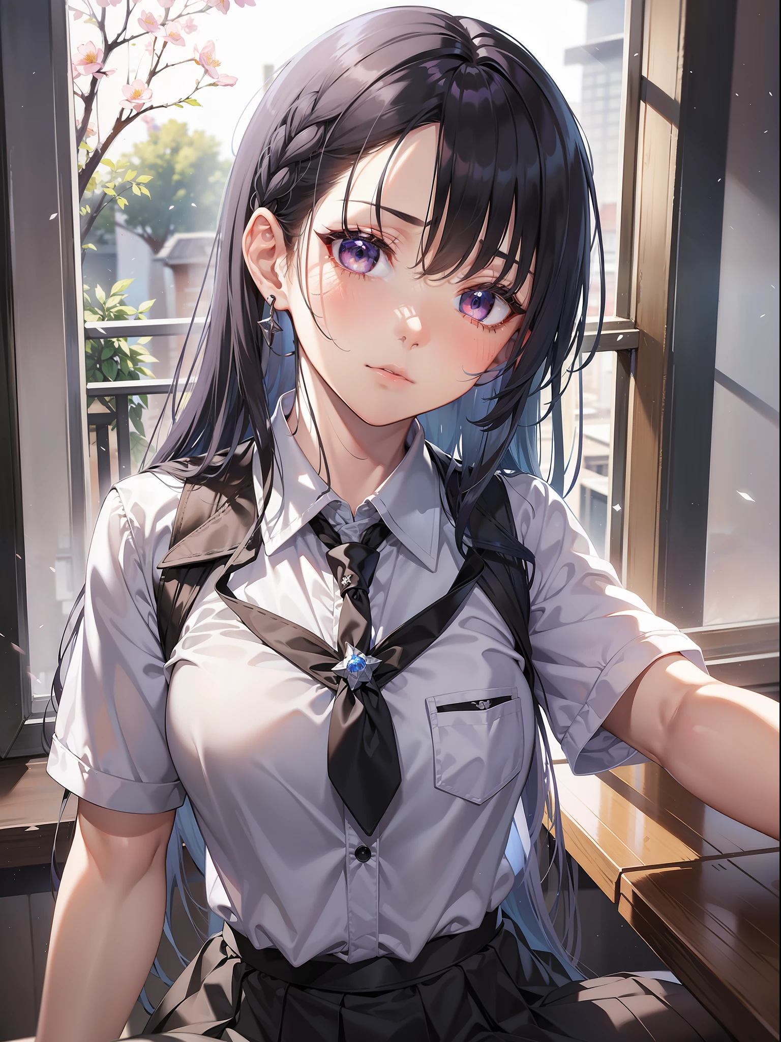 a beautiful female, selfie on the school classroom, sit on the table, wearing school uniform, besides the windows, fireflowers on the dark sky, gradient hair, black hair, silver hair, blue hair, hair behind ear, long hair, eye reflection, close-up, first-person view, symmetry, polar opposites, high detail, ray tracing, reflection light, masterpiece, best quality, anatomically correct, super detail, textured skin, UHD, highres, HD