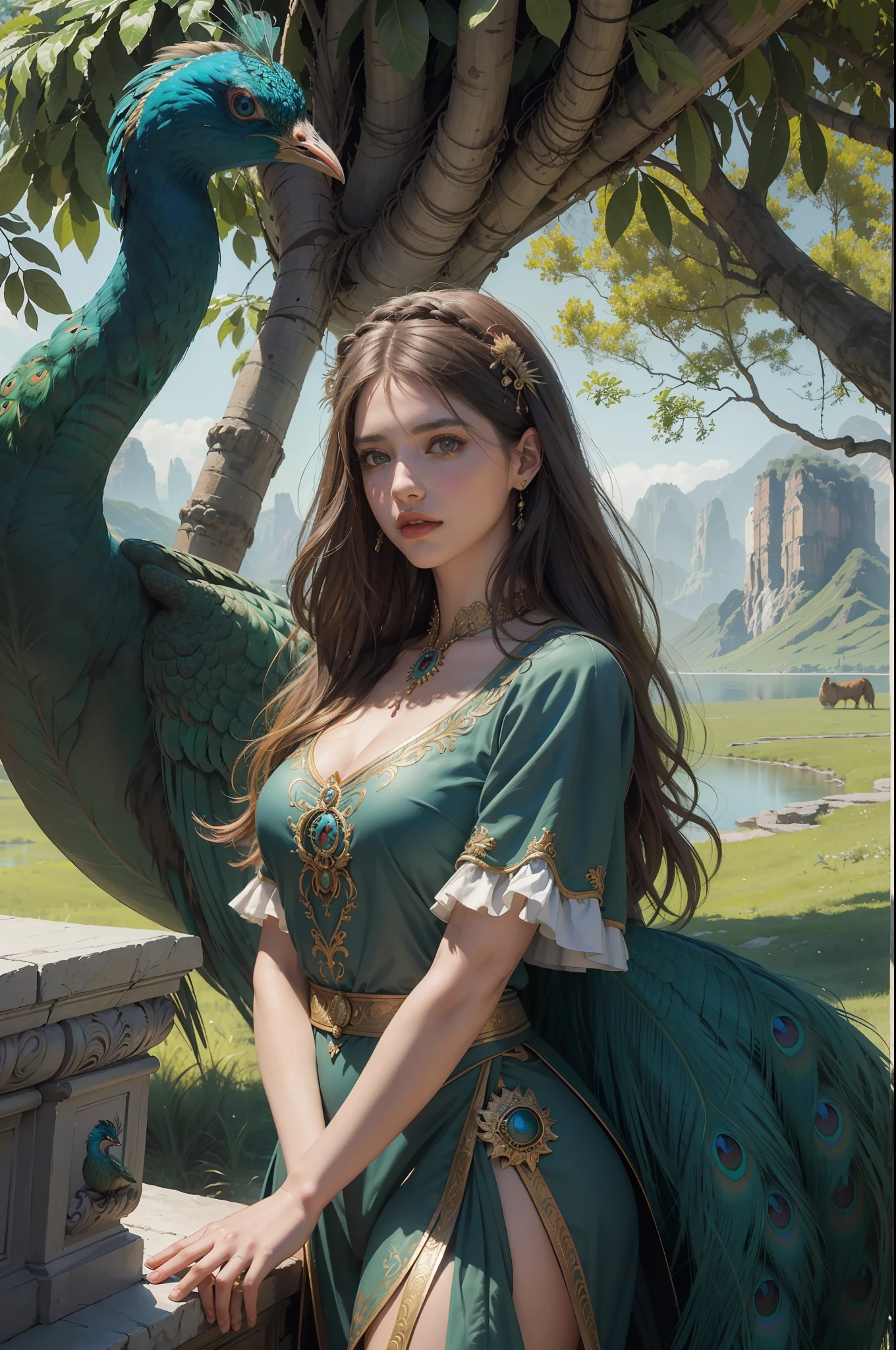 fantastic realism, masterpiece, super detailed, 1 beautiful girl, hugging a giant peacock, plain, background lake, detailed background, (top quality, Alessandro Casa Grande, Greg Rutkowski, Sally Mann, concept art, 4k),
