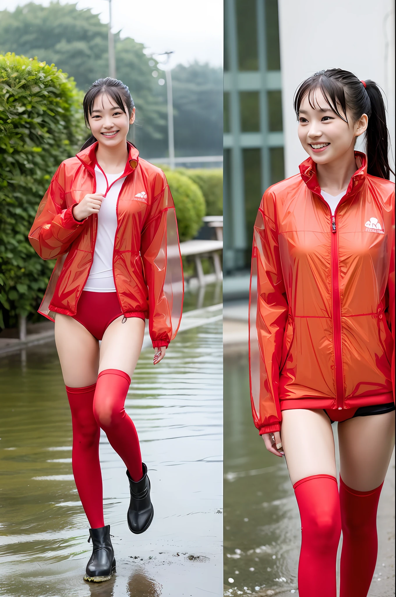 ((Girl in a ponytail in a red high-leg school swimsuit and rain jacket)),,Smiling,(Boy in translucent rain jacket),Two walking side by side,It's raining Wet road,Wearing boots