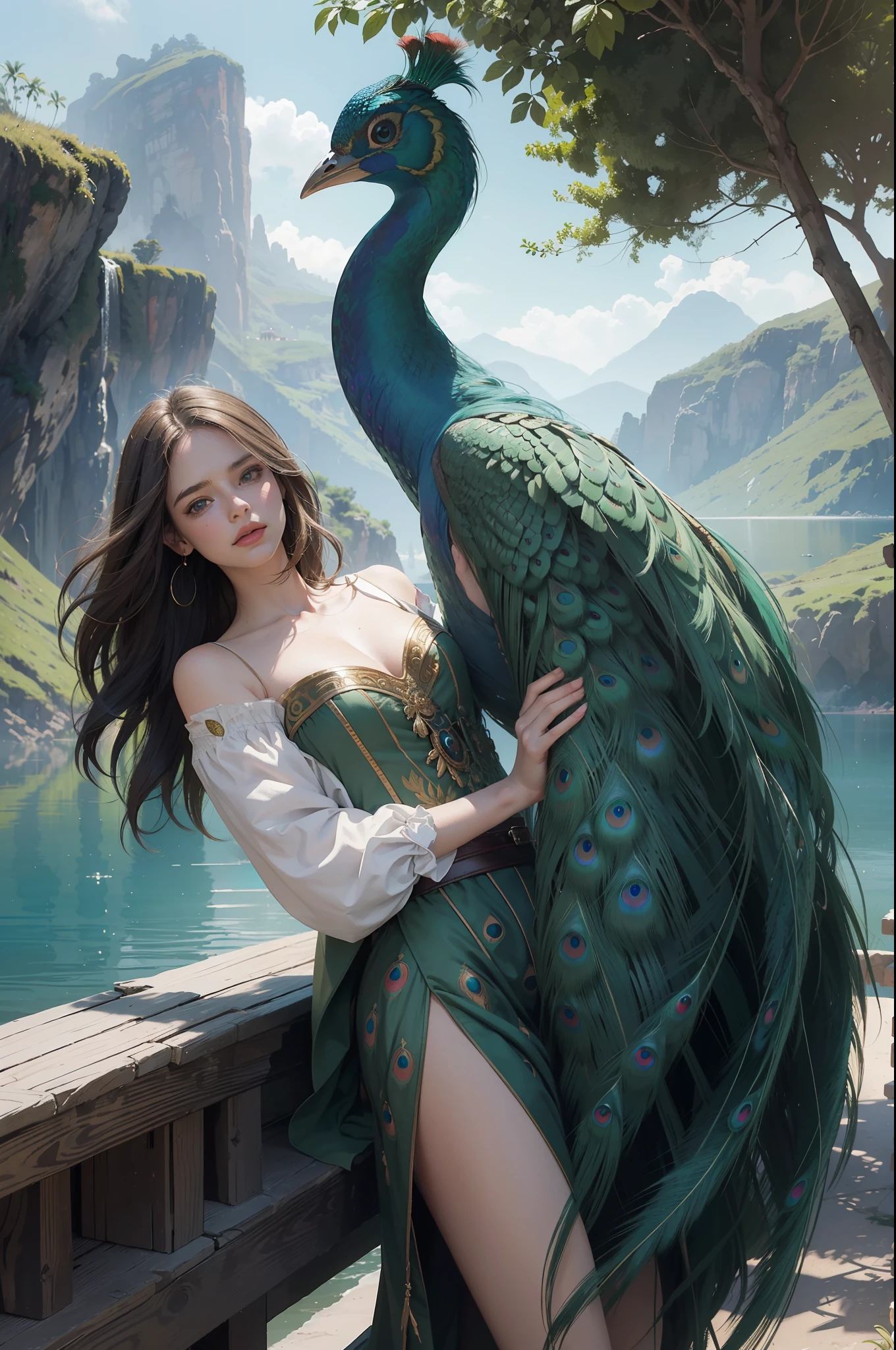 fantastic realism, masterpiece, super detailed, 1 beautiful girl, hugging a giant peacock, plain, background lake, detailed background, (top quality, Alessandro Casa Grande, Greg Rutkowski, Sally Mann, concept art, 4k),
