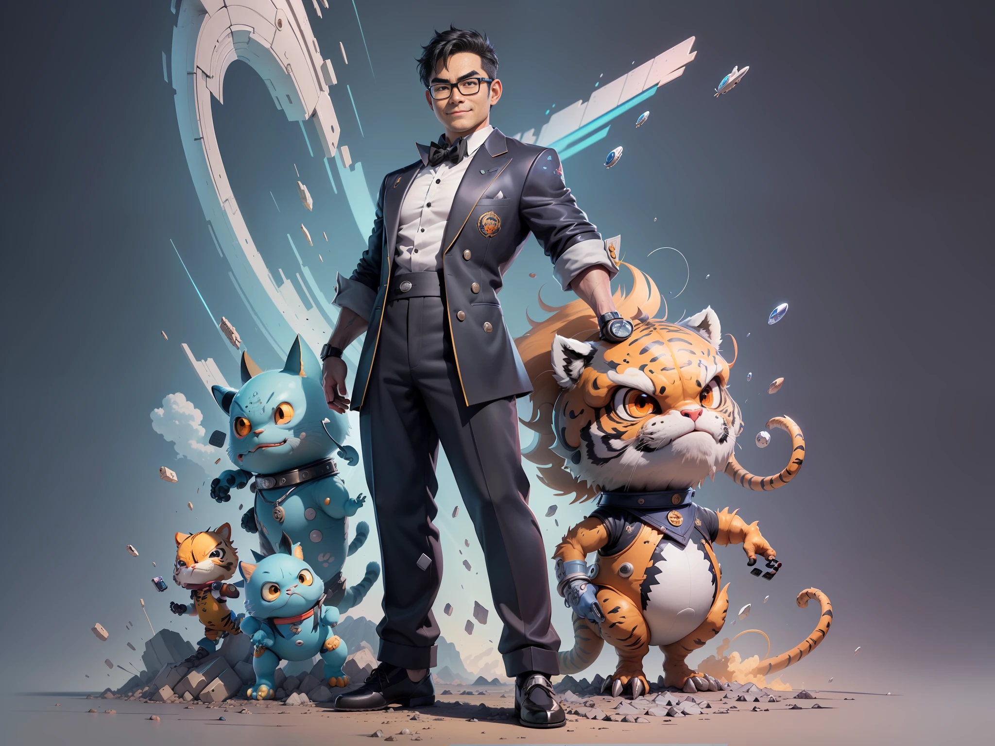 ((Masterpiece), (Extreme Quality), (Super Meticulous), (Full Body: 1.2), Super Young Man, Oriental Face, Japanese Wind and Thunder, Dragon, Tiger, TV Anchor, Bust Portrait Illustration, Alone, Black Formal Suit, Blue Tie, Slightly Chubby Face, Silver Glasses Face Very Clean No Beard, Black Super Short Hair, Black Eyes, Confident Smile, 3c Computer Sub-Products, iPad, iPhone, Digital Painting, 3D Character Design by Akira Toriyama and Mark Claireden and Pixar and Hayao Miyazaki, The illustration is a high-definition illustration in 4K resolution with very detailed facial features and cartoon-style visuals.